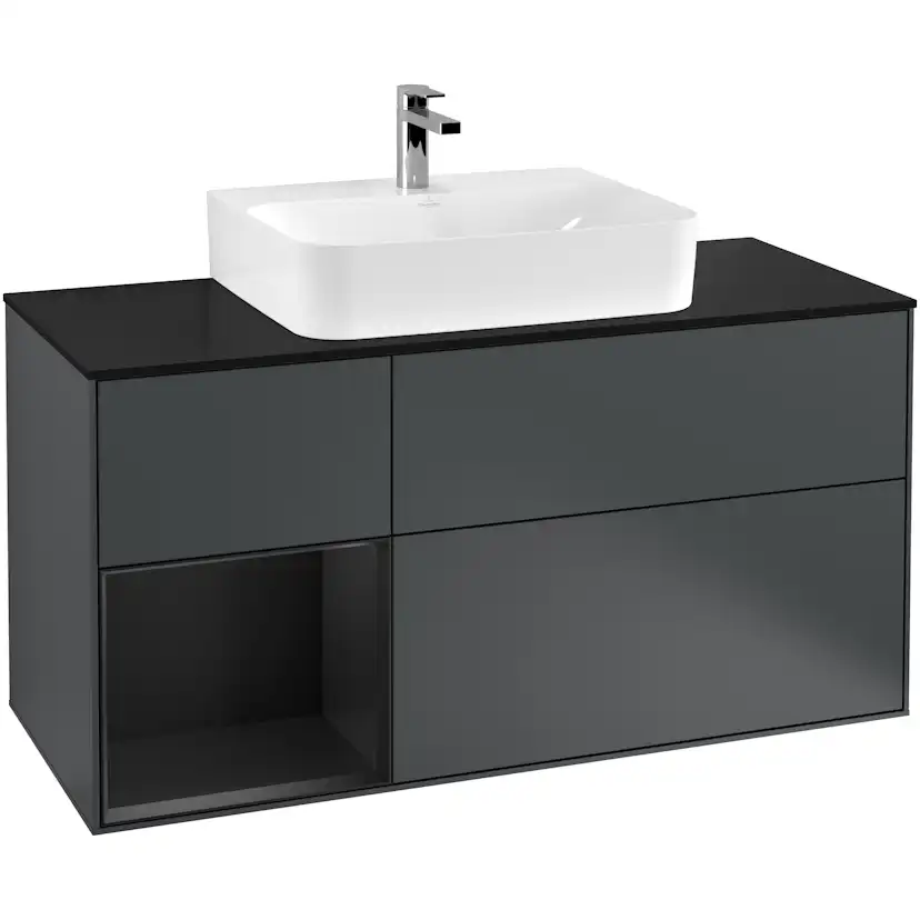 Tvättställsskåp Villeroy & Boch Finion F162PDHG Midnattsblå Mattlack/Svart Mattlack med bänkskiva i Mattsvart glas, Lucka Vänster