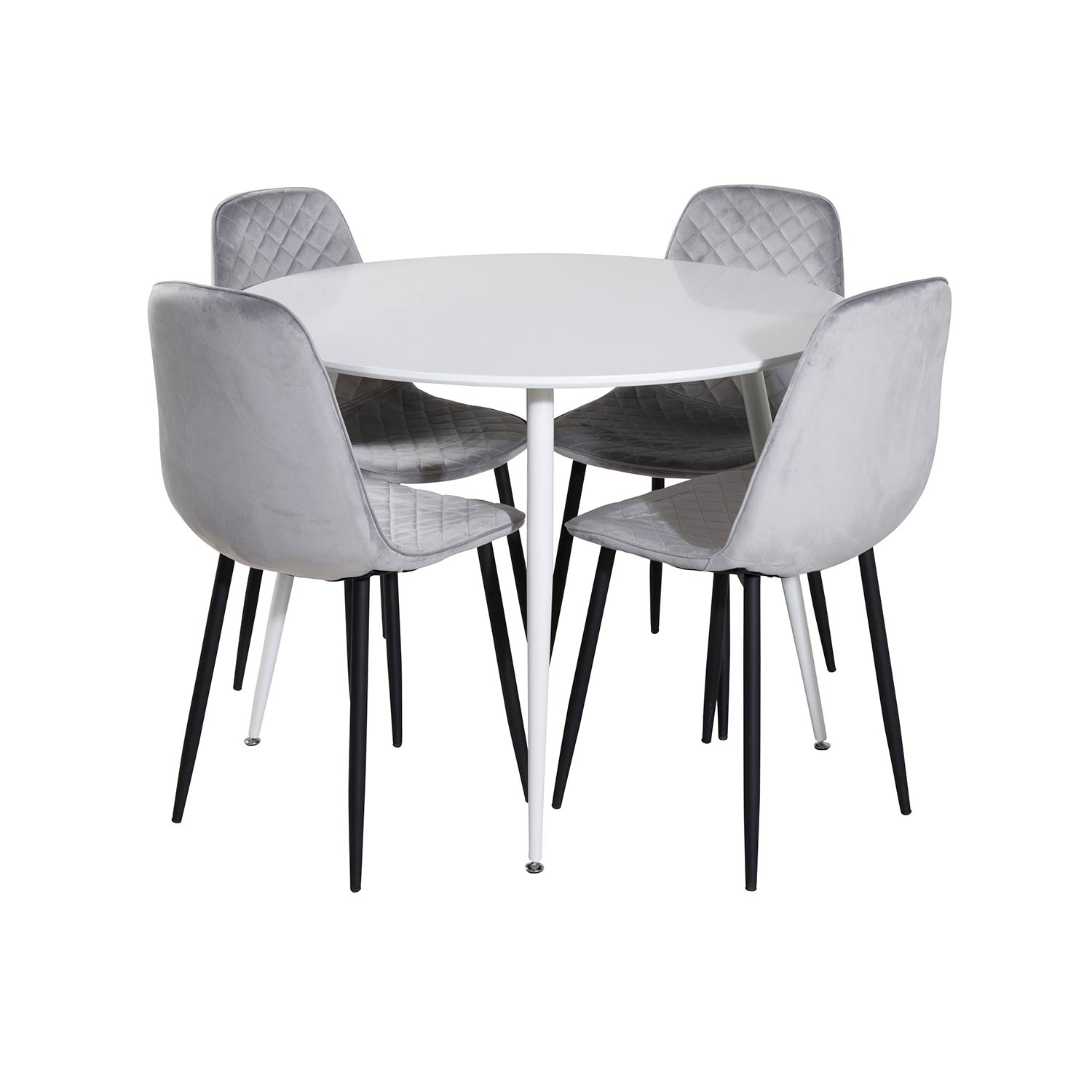 Plaza Round Table-White top/Polar Diamond Chair-gråVelvet_4 Vit/Grå/Svart