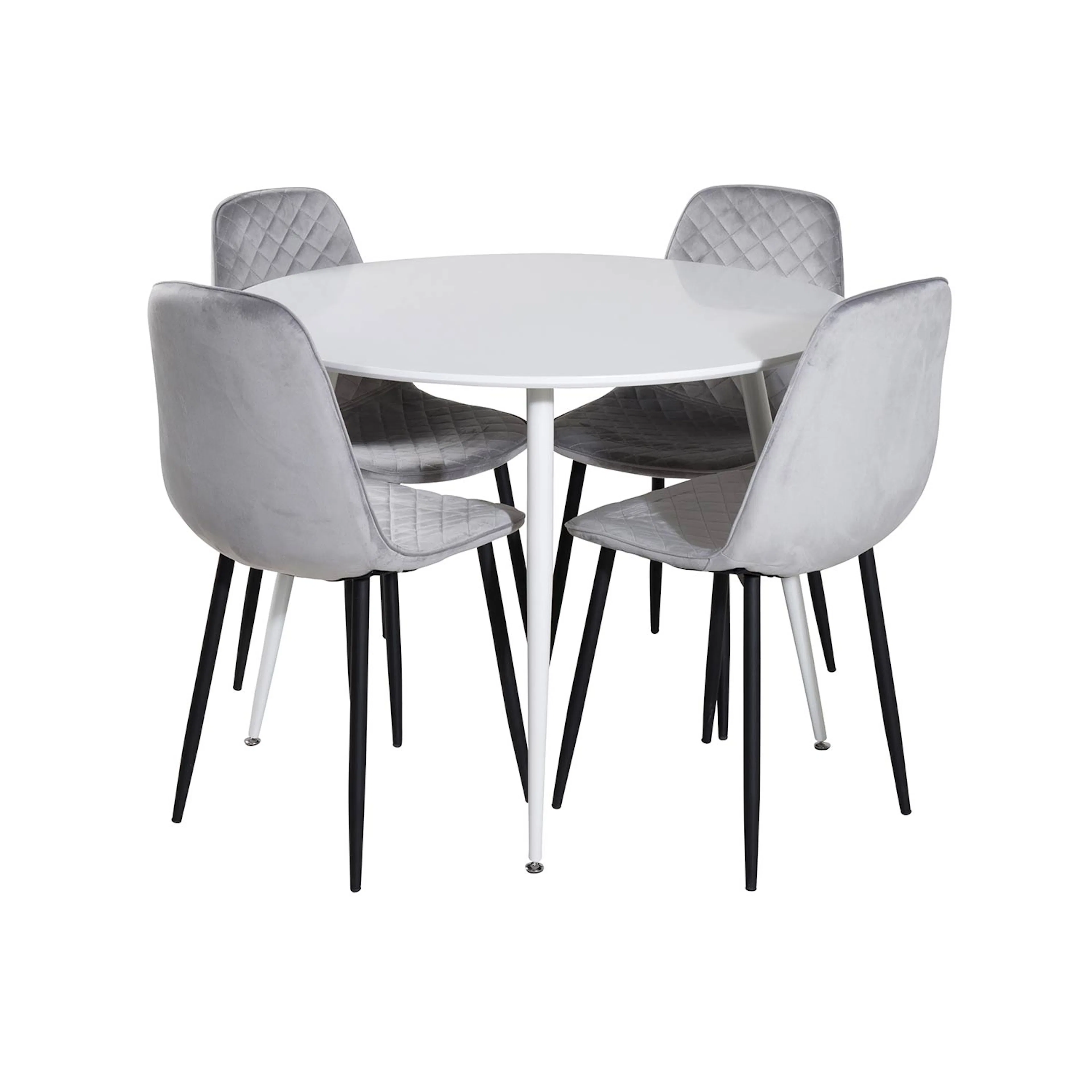 Plaza Round Table-White top/Polar Diamond Chair-gråVelvet_4 Vit/Grå/Svart