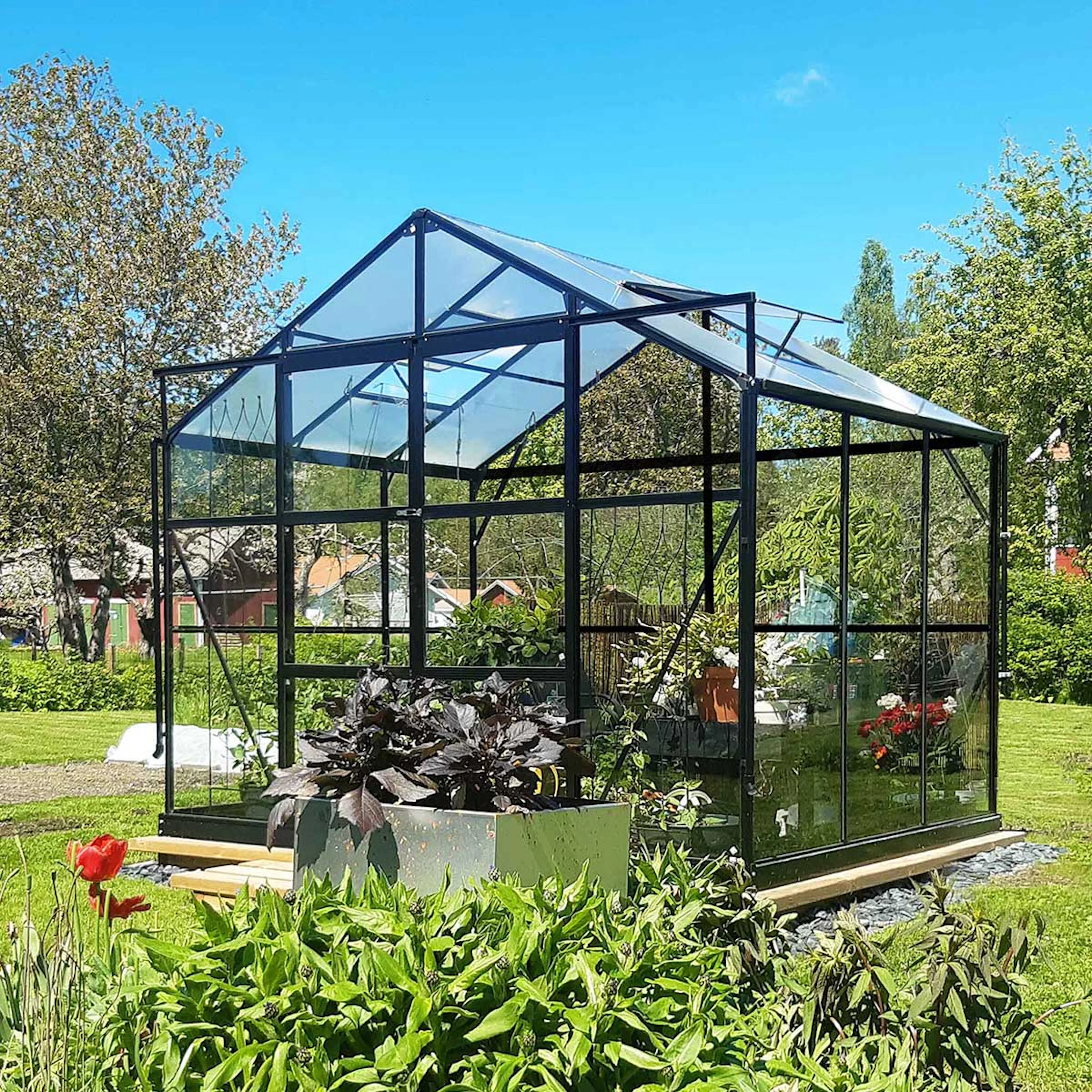 Växthus, 4,85m2, glas, pc tak (189x257x228CM),svar Svart