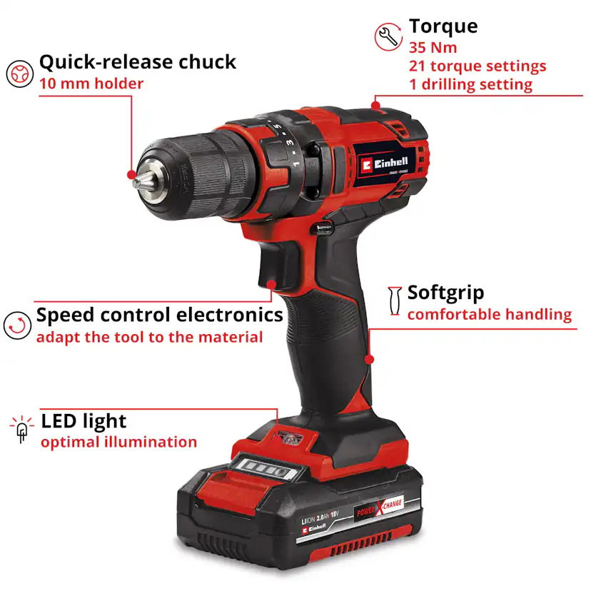 Borrmaskin Einhell TC-CD 18/35 Li Sladdlös med 1x2,0 Ah Batteri