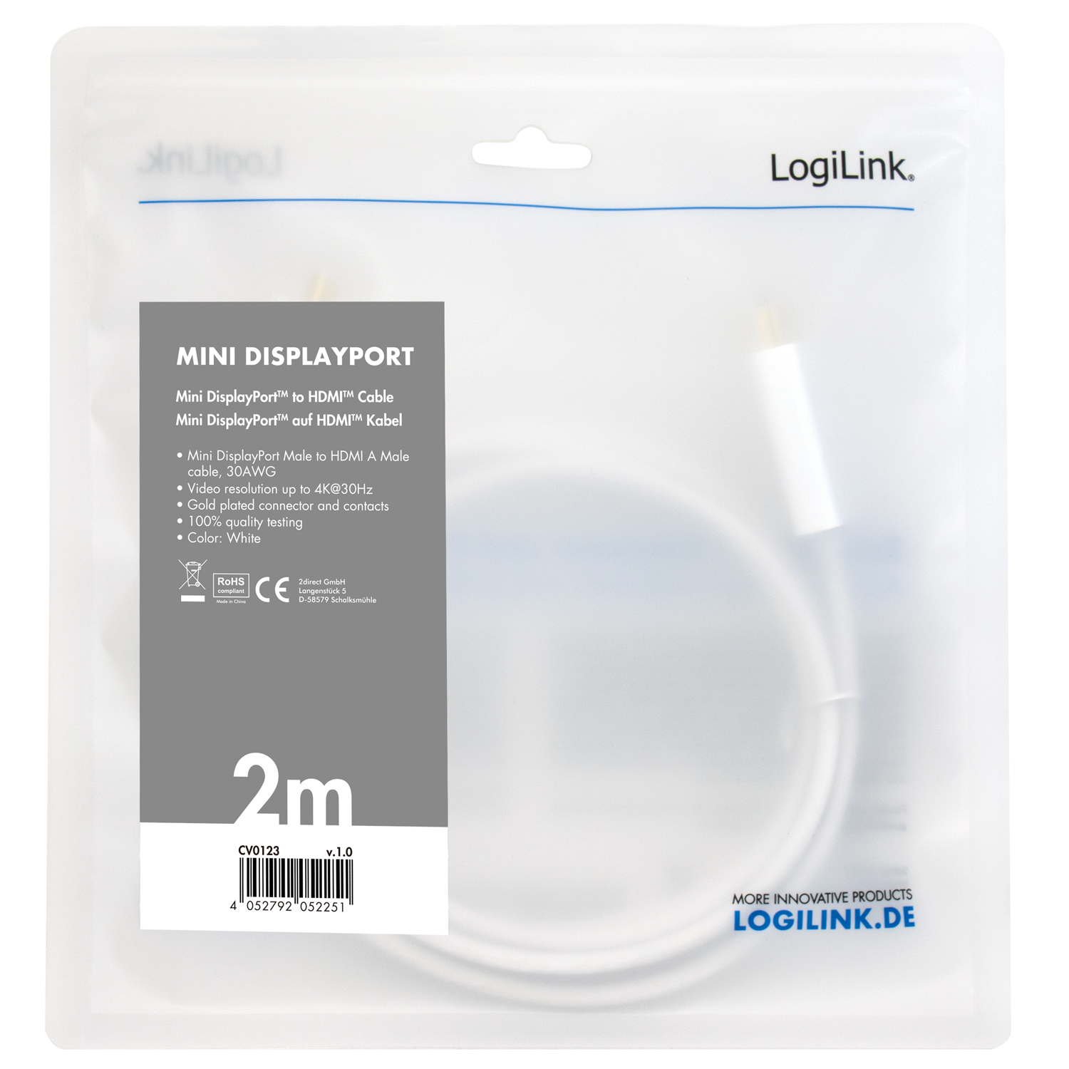 Kabel LogiLink Mini DisplayPort till HDMI 4K 2 m