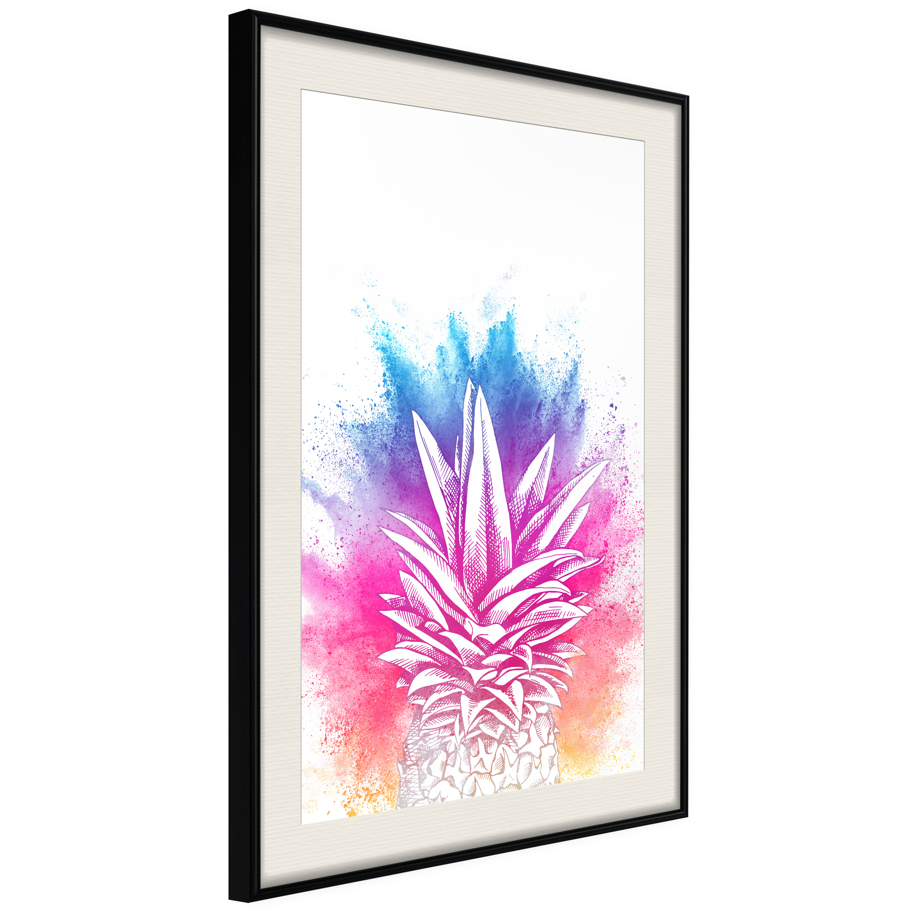 Affisch - Colourful Pineapple [Poster] 40x60 Svart ram med passepartout, 40x60 cm