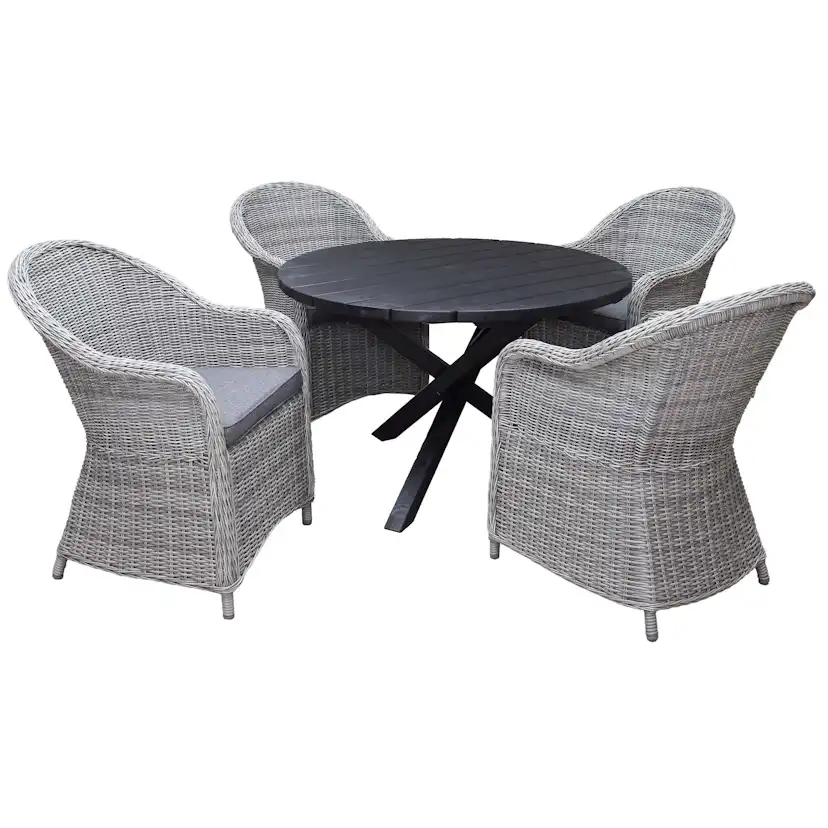 Matgrupp Utomhus Baltic Garden Ø 112 cm bord & 4 Belize grå stolar
