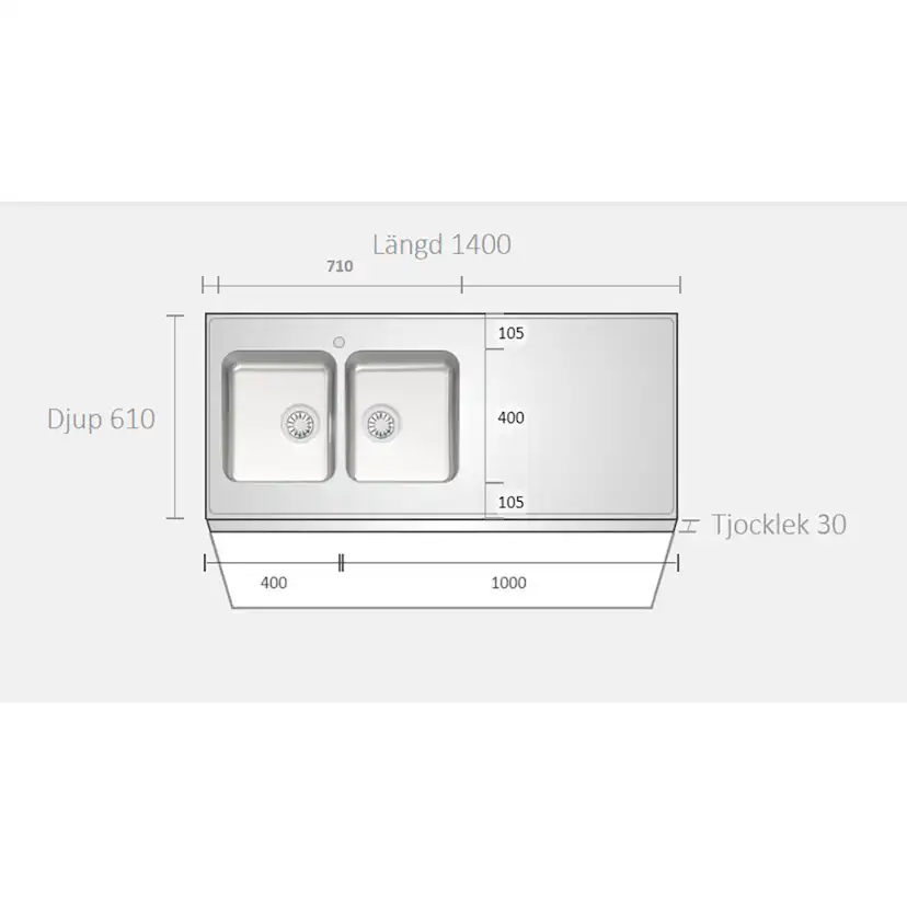 A1400 1400x610x30 Vänster Vänster, Bredd: 610 mm