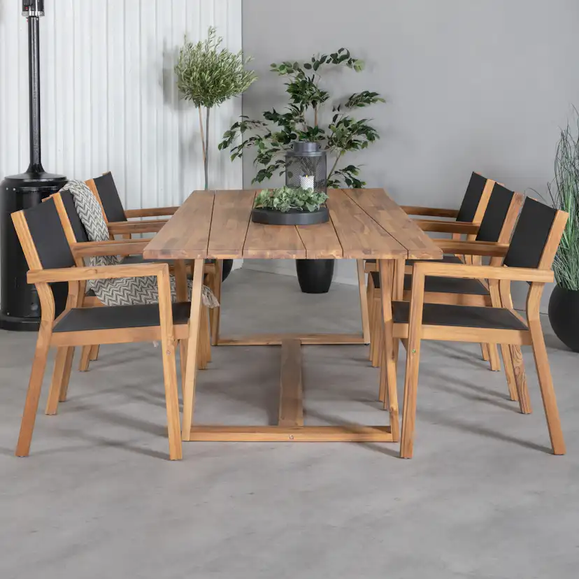 Matgrupp Venture Home Plarra med 6 Vum Stapelbara Matstolar