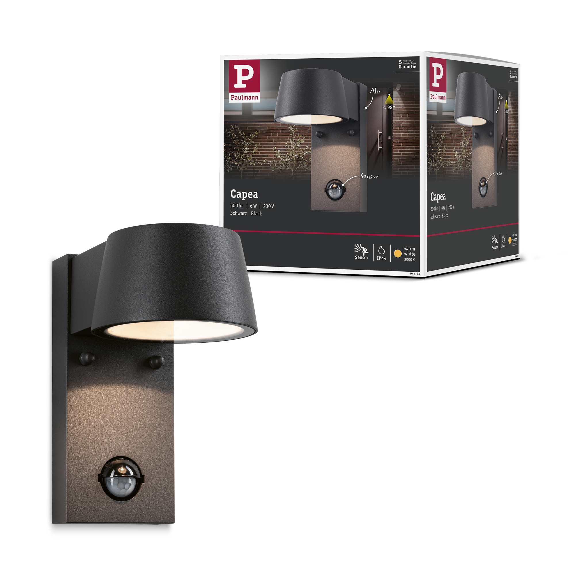 Fasadbelysning LED Paulmann Capea IP44 230V Design: med Skymningsstyrd Rörelsedetektor, Ljus: Soft White
