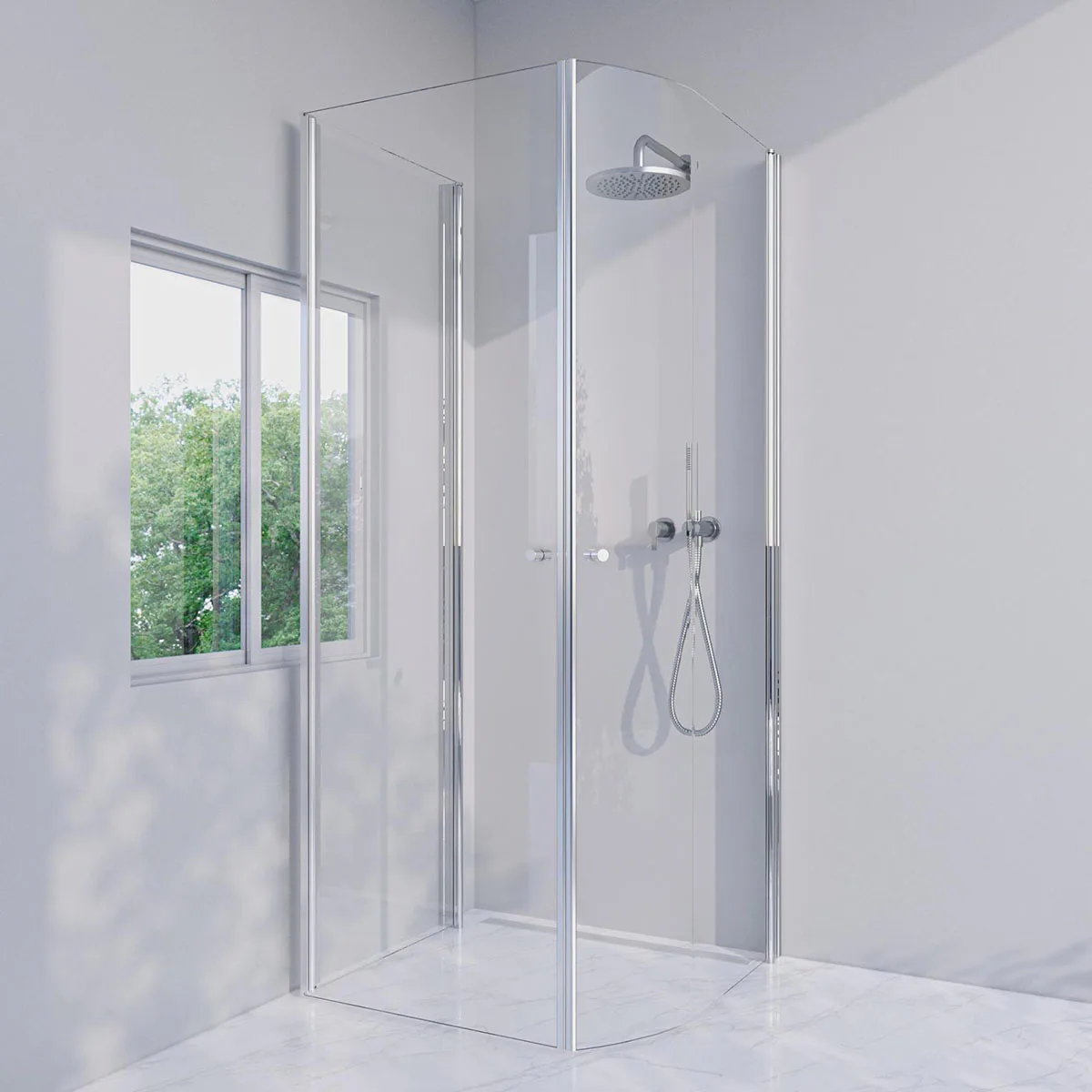 Invitrea Prime PH43/Högerhängd/84x90/Blankpolerad/Fingergrep Storlek: 840x900 mm, Glastyp: Klarglas, Handtag: Blankpolerad Fingergreppsknopp, Profil: Blankpolerad, Hängning: Högerhängd