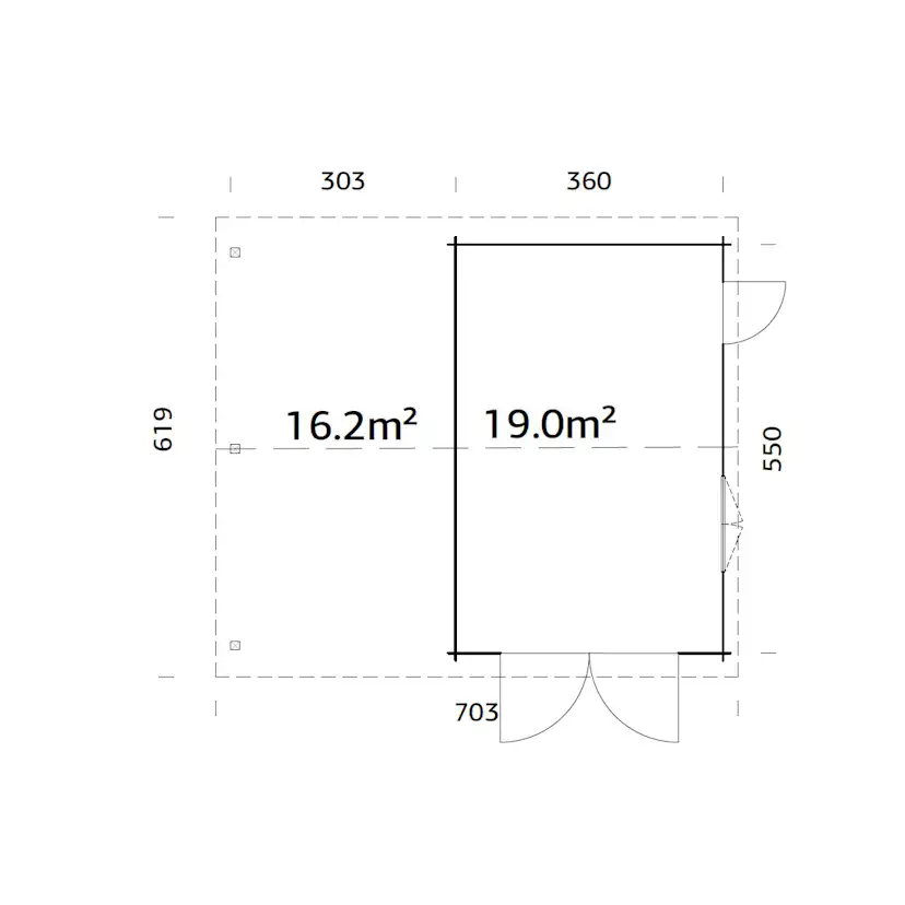 Roger 19,0+16,2 m2 with wooden gate PNT7042W2 Målad ljusgrå RAL7042 + vit RAL9016