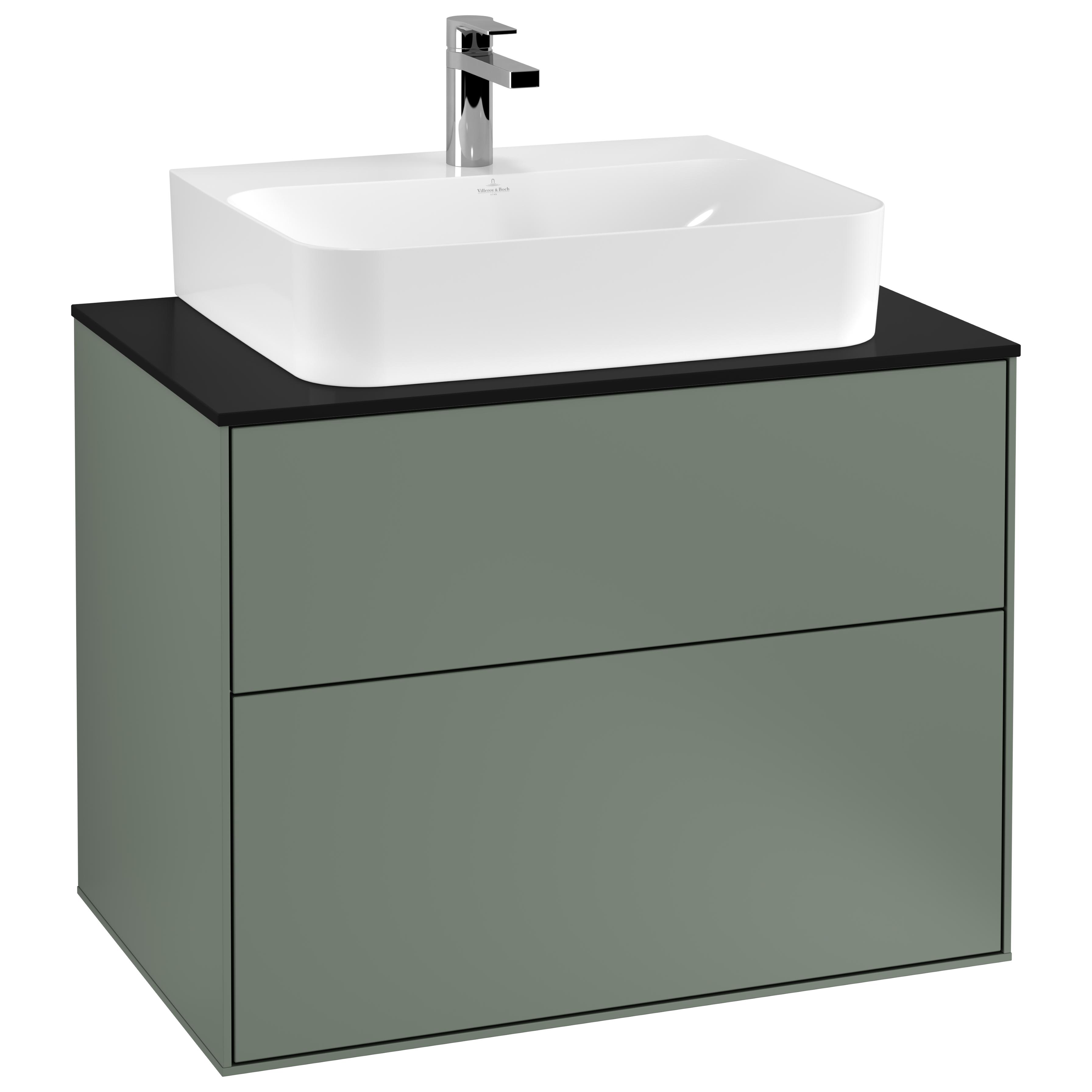 Tvättställsskåp Villeroy & Boch Finion F09200GM Oliv Mattlack, B: 800 mm med bänkskiva i Mattsvart glas