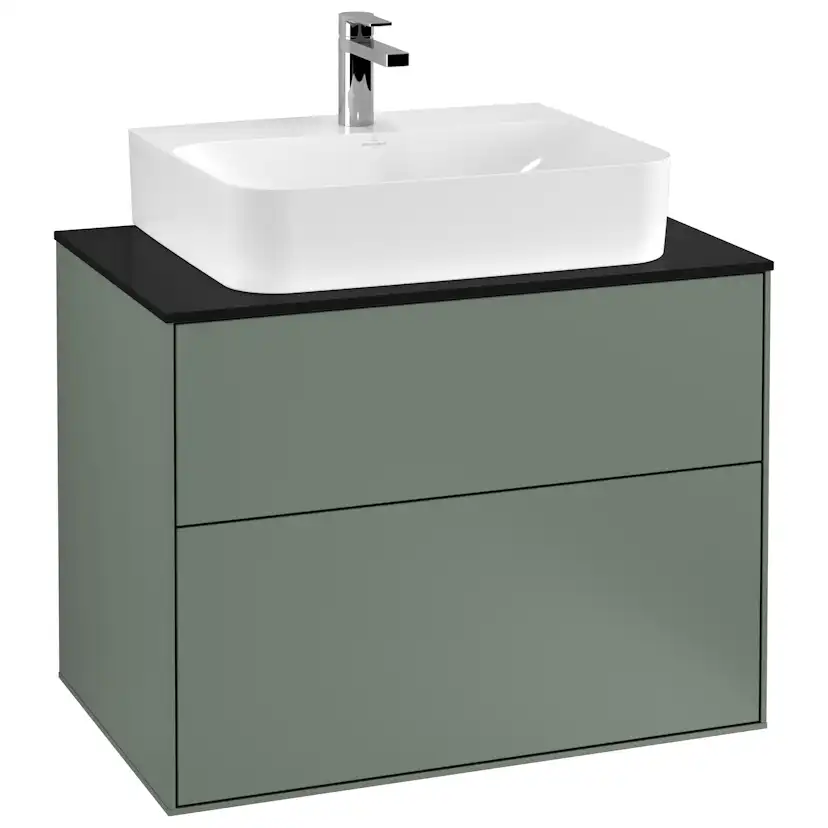 Tvättställsskåp Villeroy & Boch Finion F09200GM Oliv Mattlack, B: 800 mm med bänkskiva i Mattsvart glas