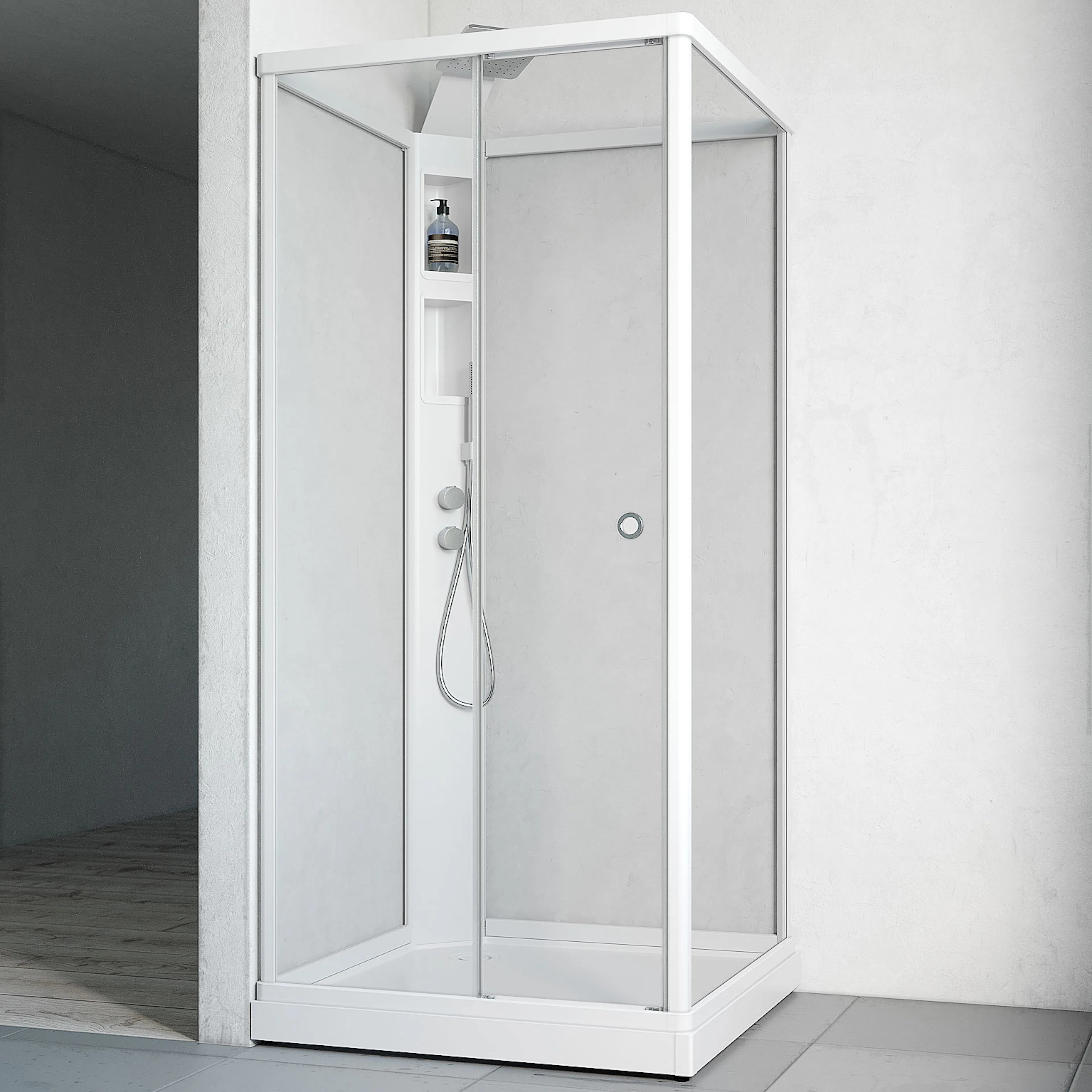 Flow kab Front InfBl 9x9 V KL 910x910 mm, Vit Profil, Klarglas