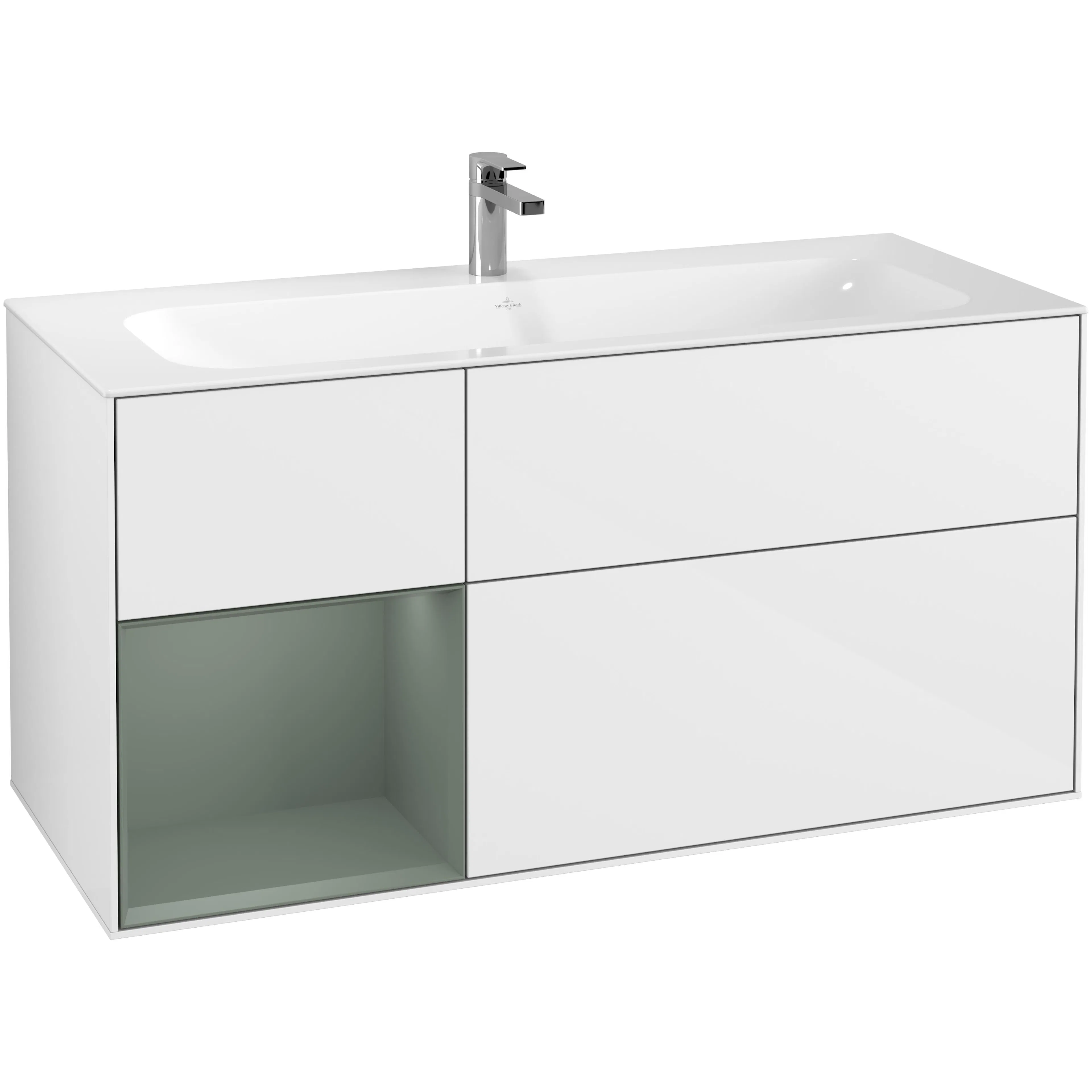Tvättställsskåp Villeroy & Boch Finion F060GMGF Vit Högblank/Oliv Mattlack, Lucka Vänster