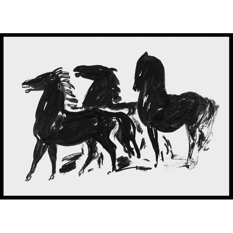 Poster Gallerix Drie Zwarte Paarden Staand Naar Links Kijkend By Leo Gestel