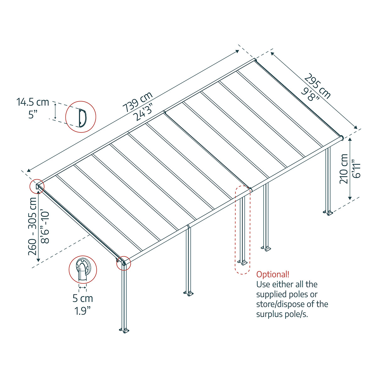 OLYMPIA PATIO COVER 3X7.30 GREY CLEAR 3 x 7,5