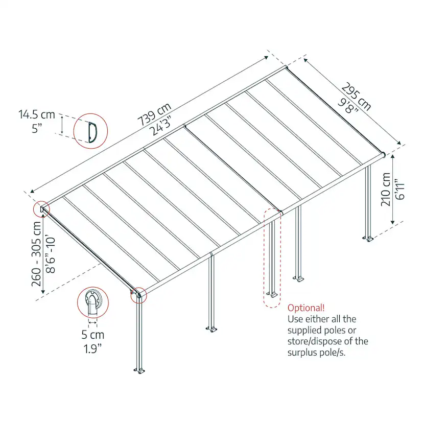 OLYMPIA PATIO COVER 3X7.30 GREY CLEAR 3 x 7,5