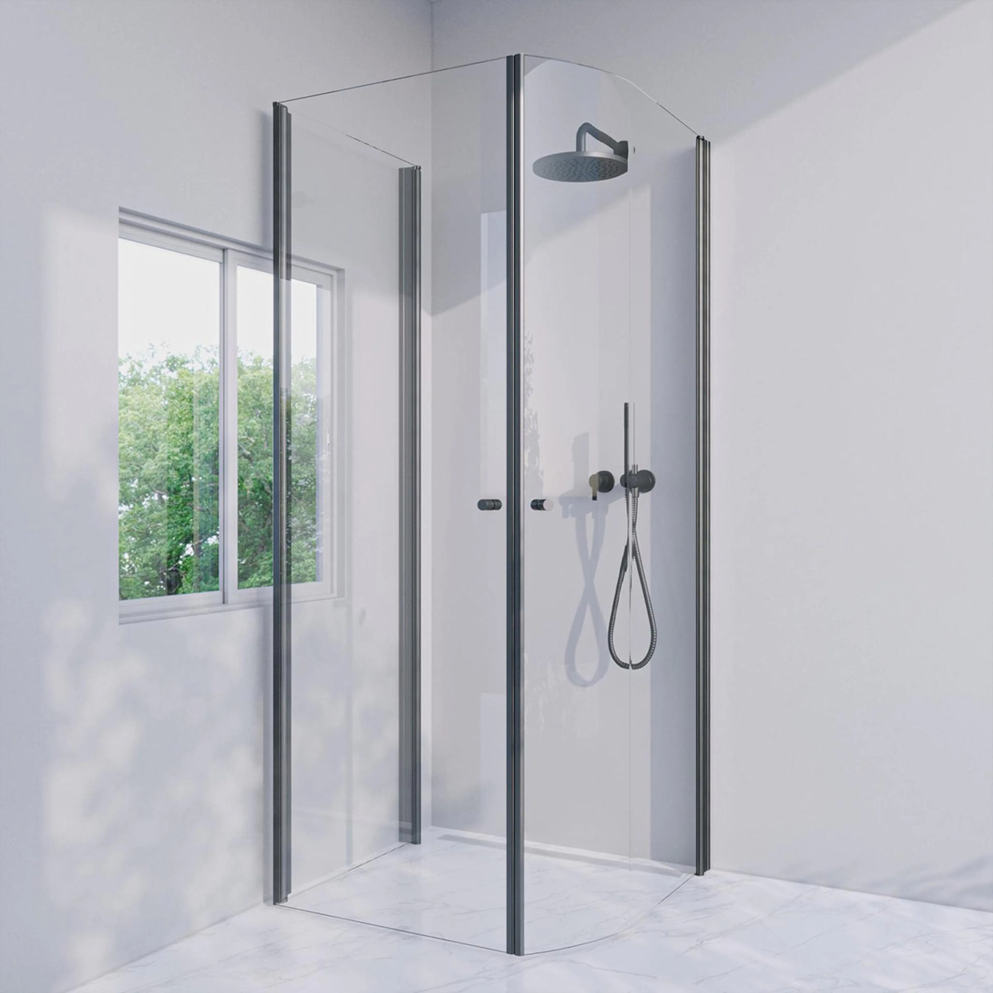 Invitrea Prime PH43/Högerhängd/74x80/Mattsvart/Räfflad knopp Storlek: 74x800 mm, Glastyp: Klarglas, Handtag: Räfflad knopp, Profil: Mattsvart, Hängning: Högerhängd