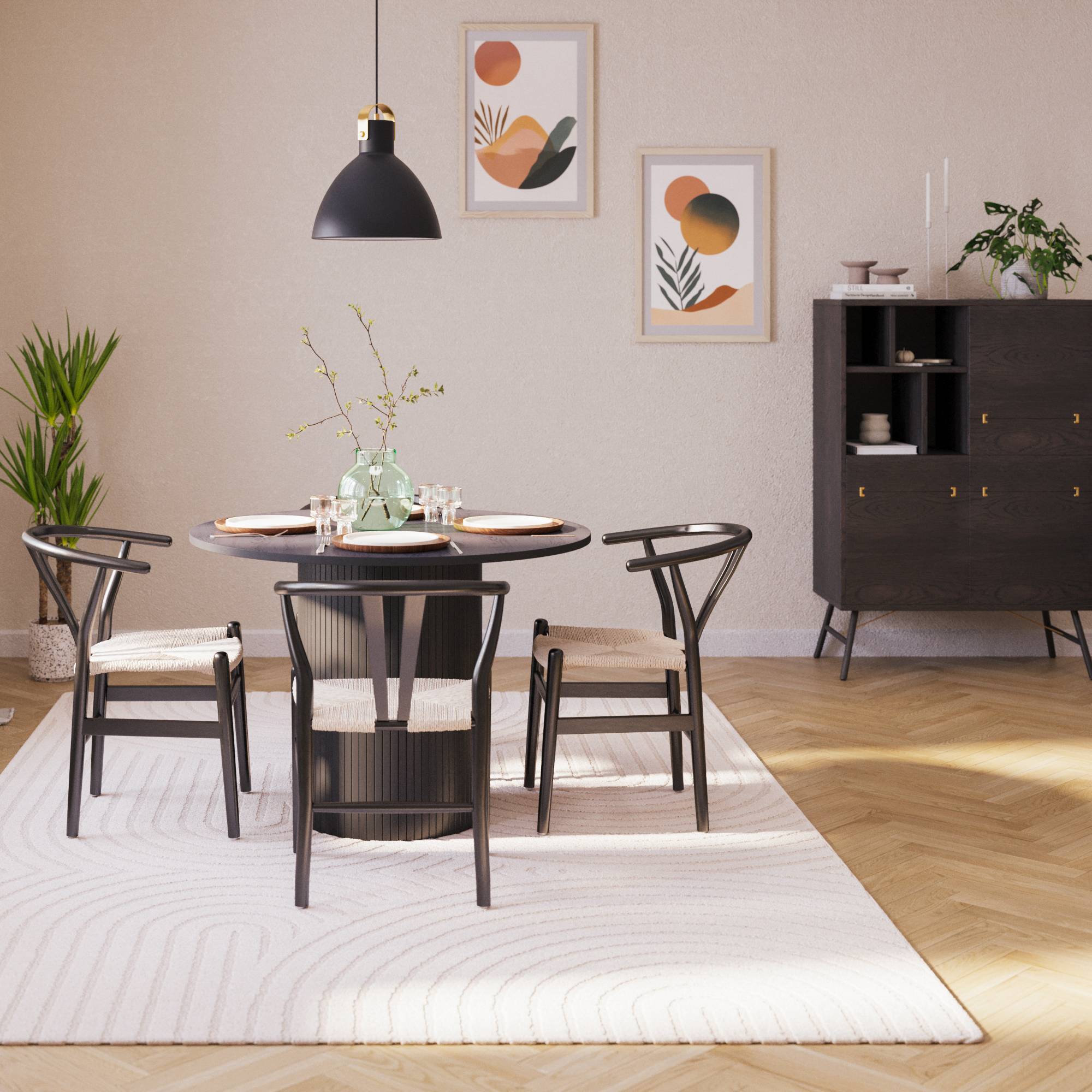 Matgrupp Bark Kopparbo Runt Matbord 106-156 cm Svart Förlängningsbartt med 4Dastoori Matstol
