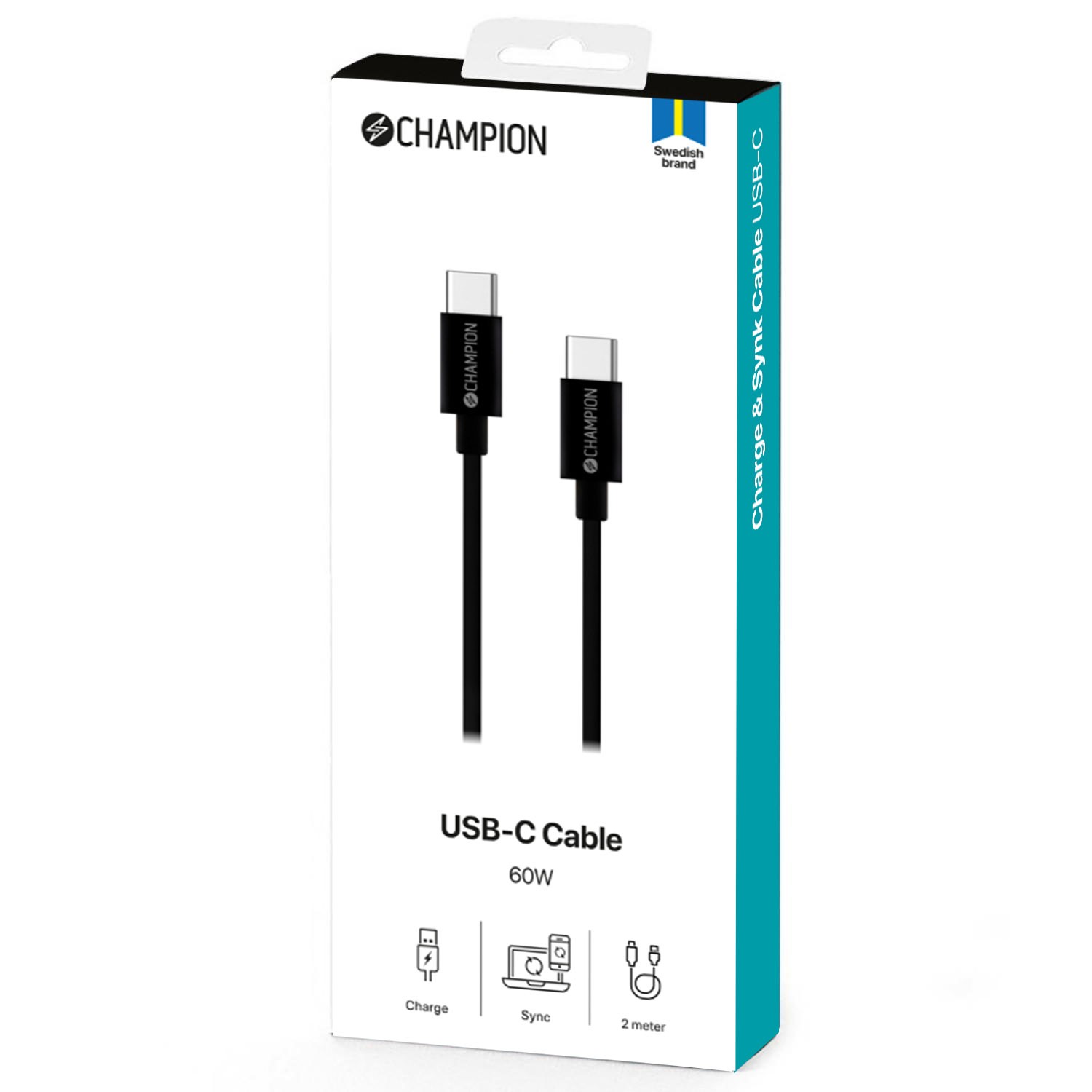 USB-C Champion Kabel 60W 2m Svart