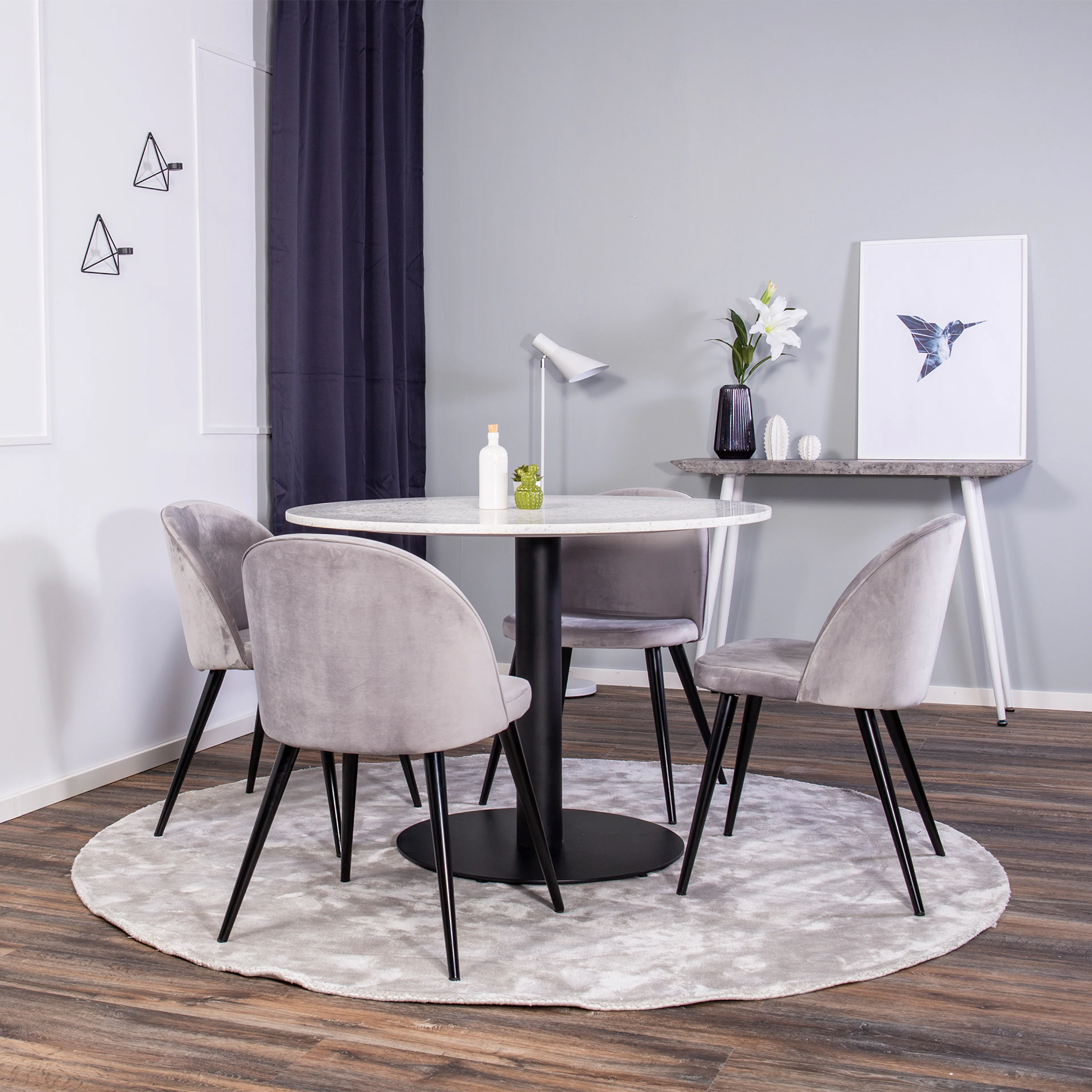 Matgrupp Venture Home Roxanna Vit Bord med 4 Valentina Stolar Sammet