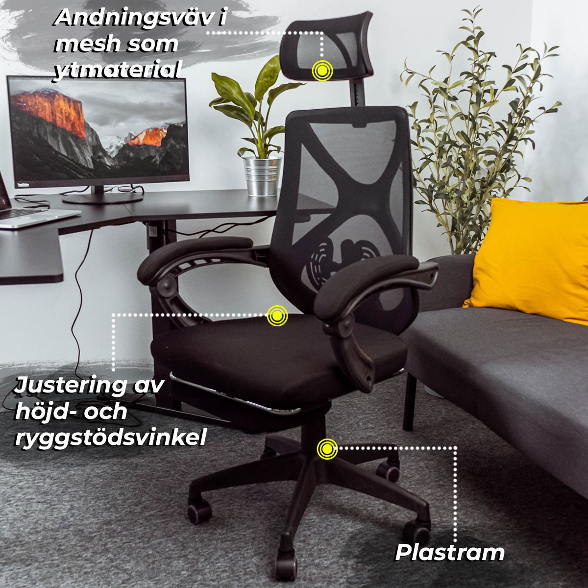 Kontorsstol Lykke Office Pro Stol med Andningsväv & Utdragbart Fotstöd