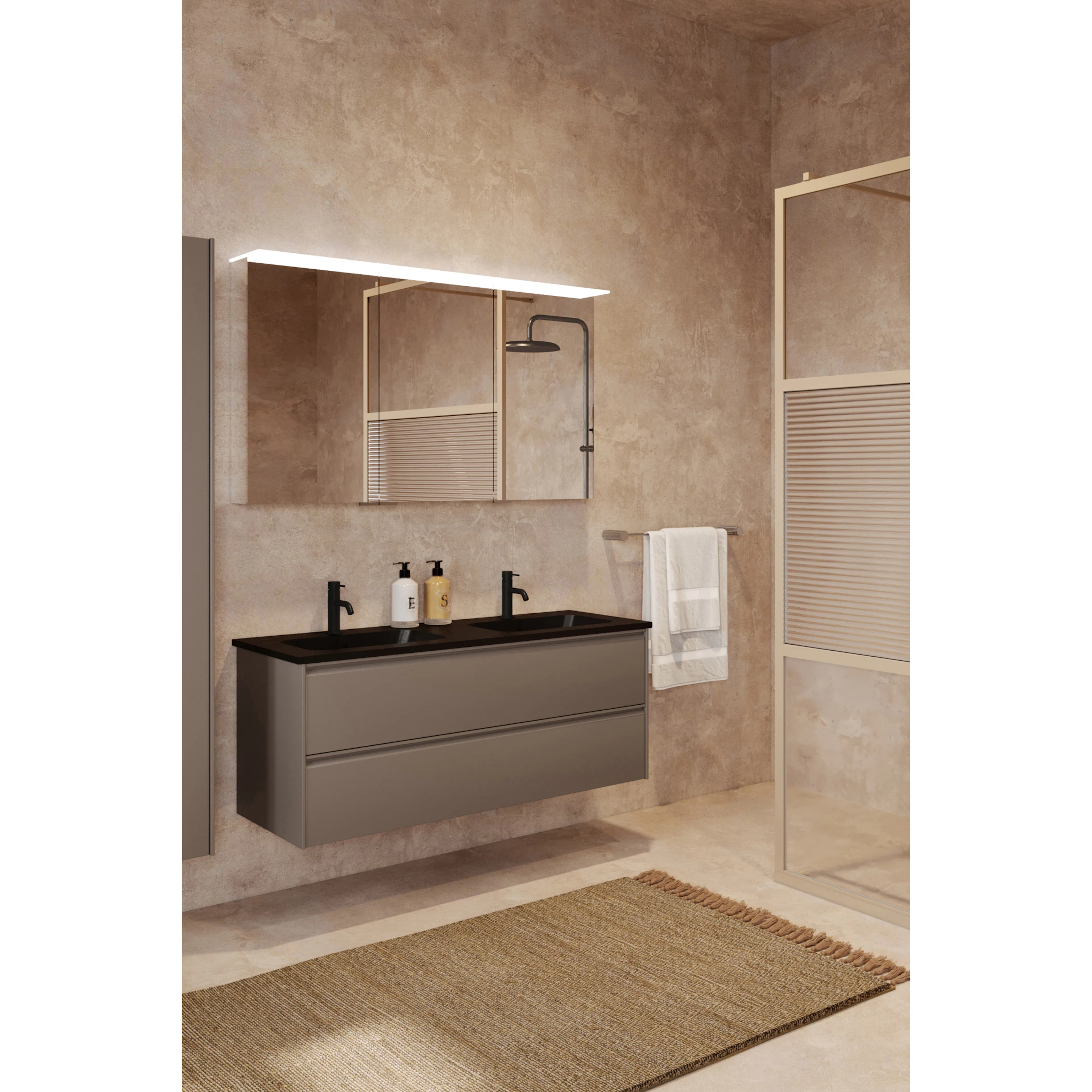Tvättställsskåp Hietakari Luna L02 med Dubbelt Tvättställ i Keramik,Matt Beige,, 1210x510x460
