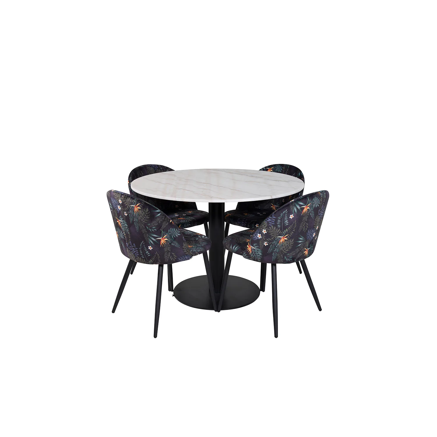 Estelle Round Dining Table ø106+Velvet Dining Chair Vit/Svart/Blommönstrad