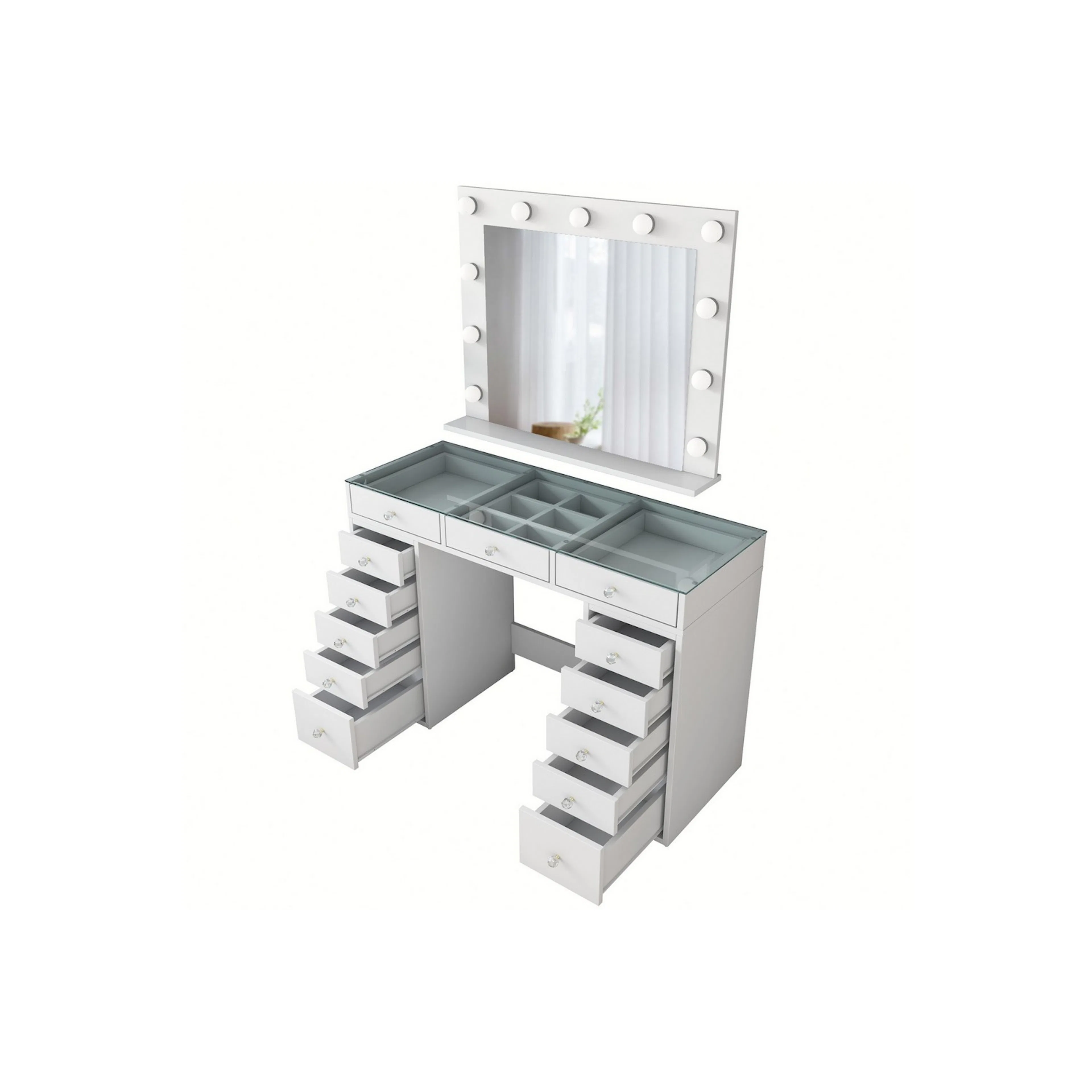 Sminkbord Scandinavian Choice Ramender Komplett med Sminkspegel, förvaring & Bordsskiva i Glas 120cm