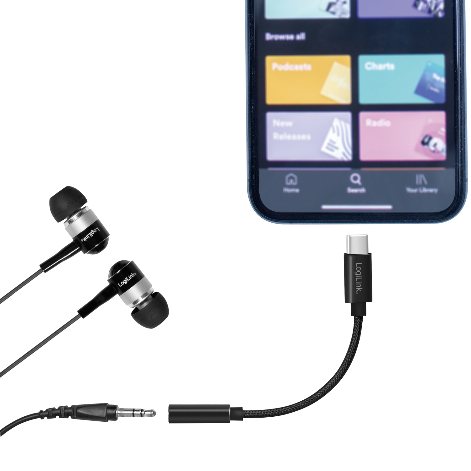 USB-C 3,5mm-ljudadapter LogiLink Med DAC 13cm Nylonkabel