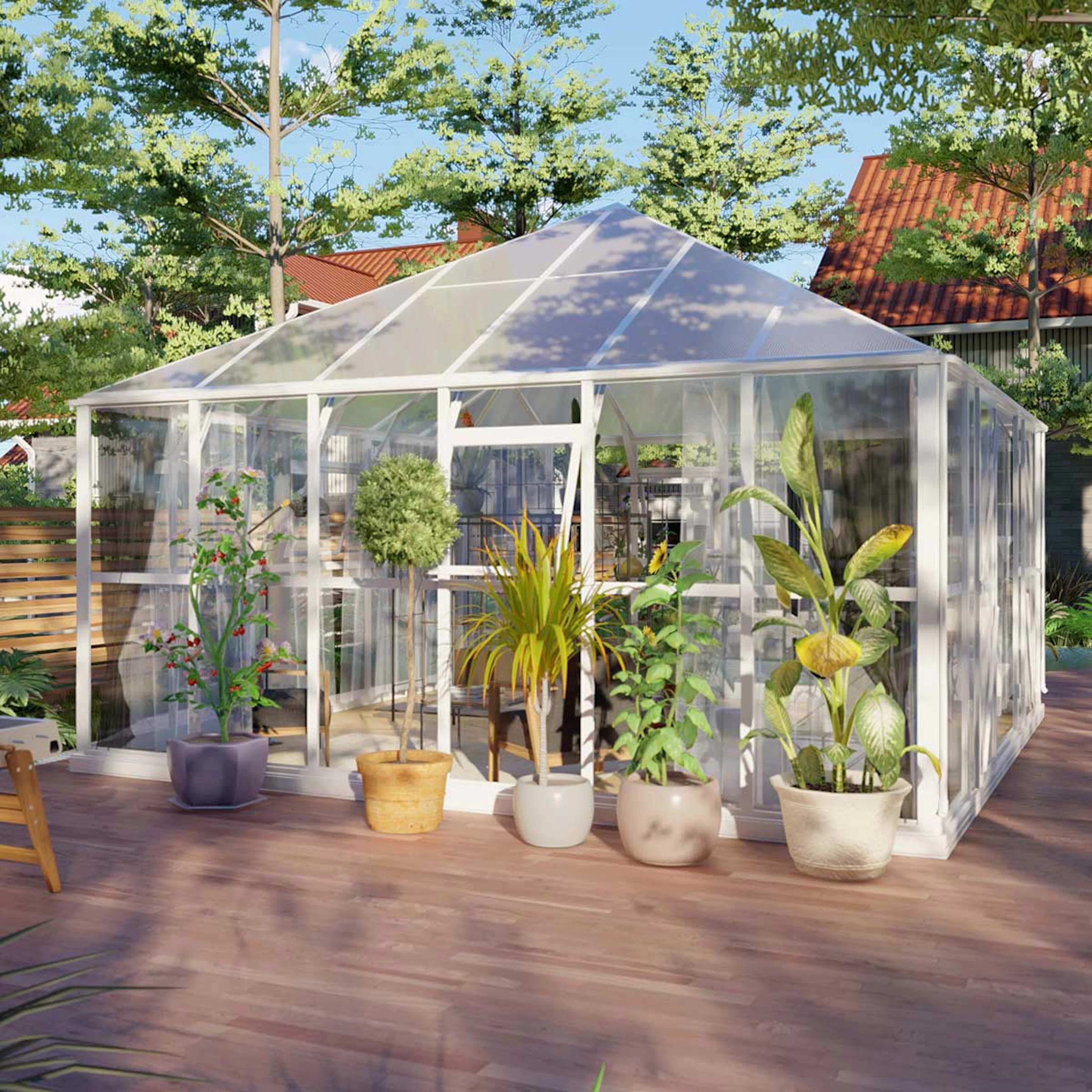 Gazebo 19,8m², glas, pc-tak, med sockel, Vit