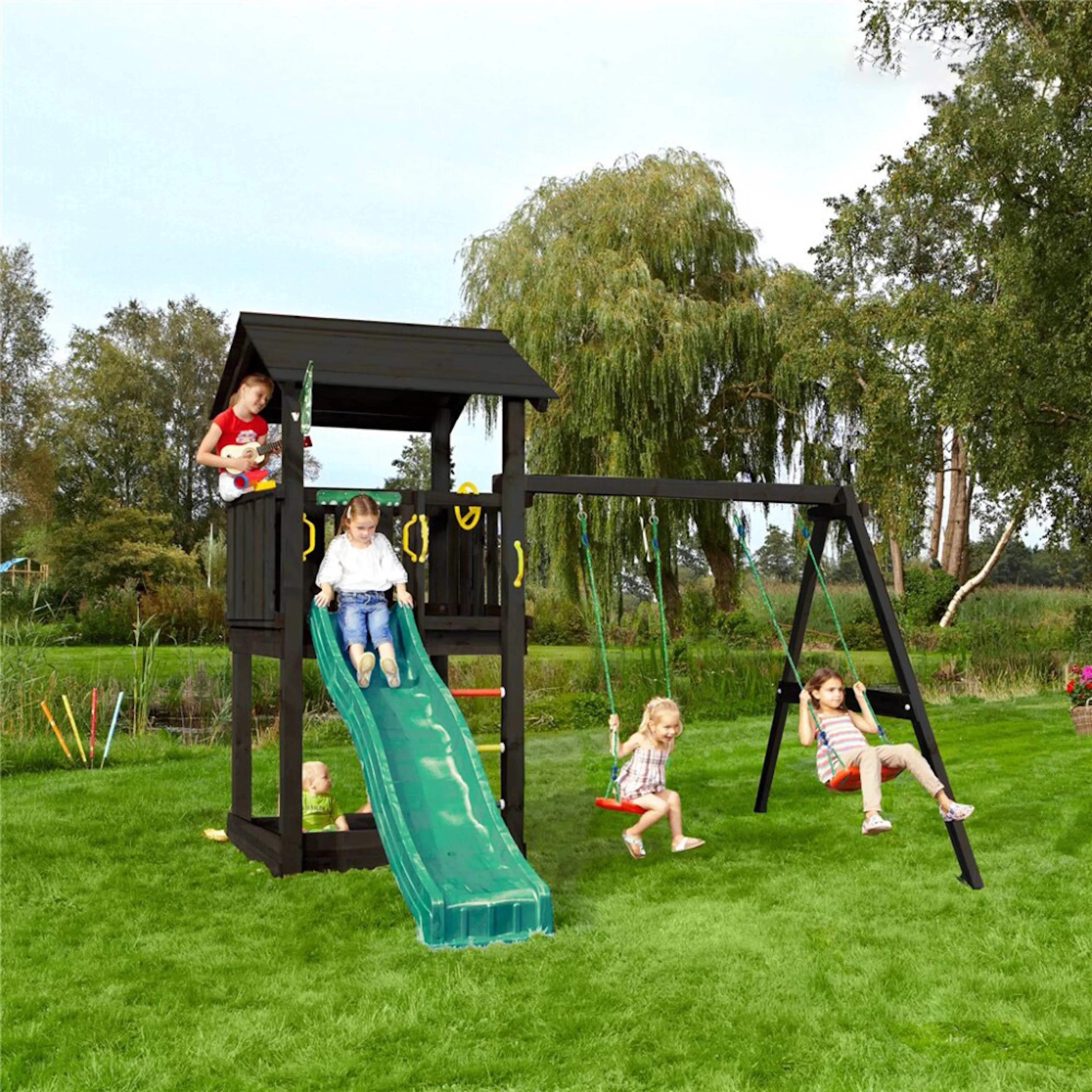 Lektorn Jungle Gym Casa inkl. swing module xtra och rutschkana, grundmålat svart