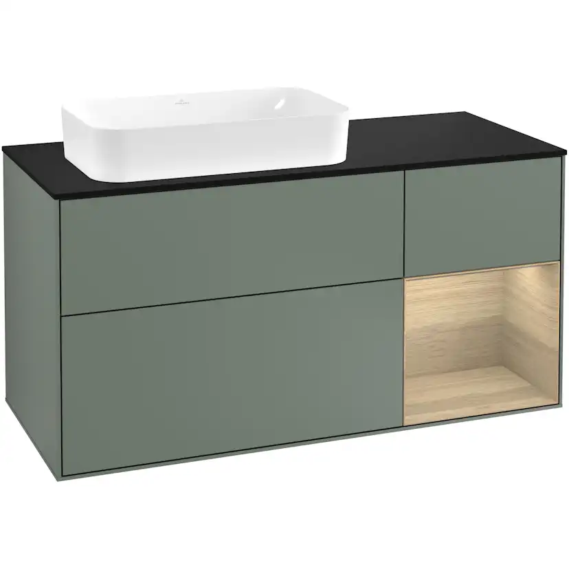 Tvättställsskåp Villeroy & Boch Finion F282PCGM Oliv Mattlack/Ekfanér med bänkskiva i Mattsvart glas, Lucka Höger med Blandarhål
