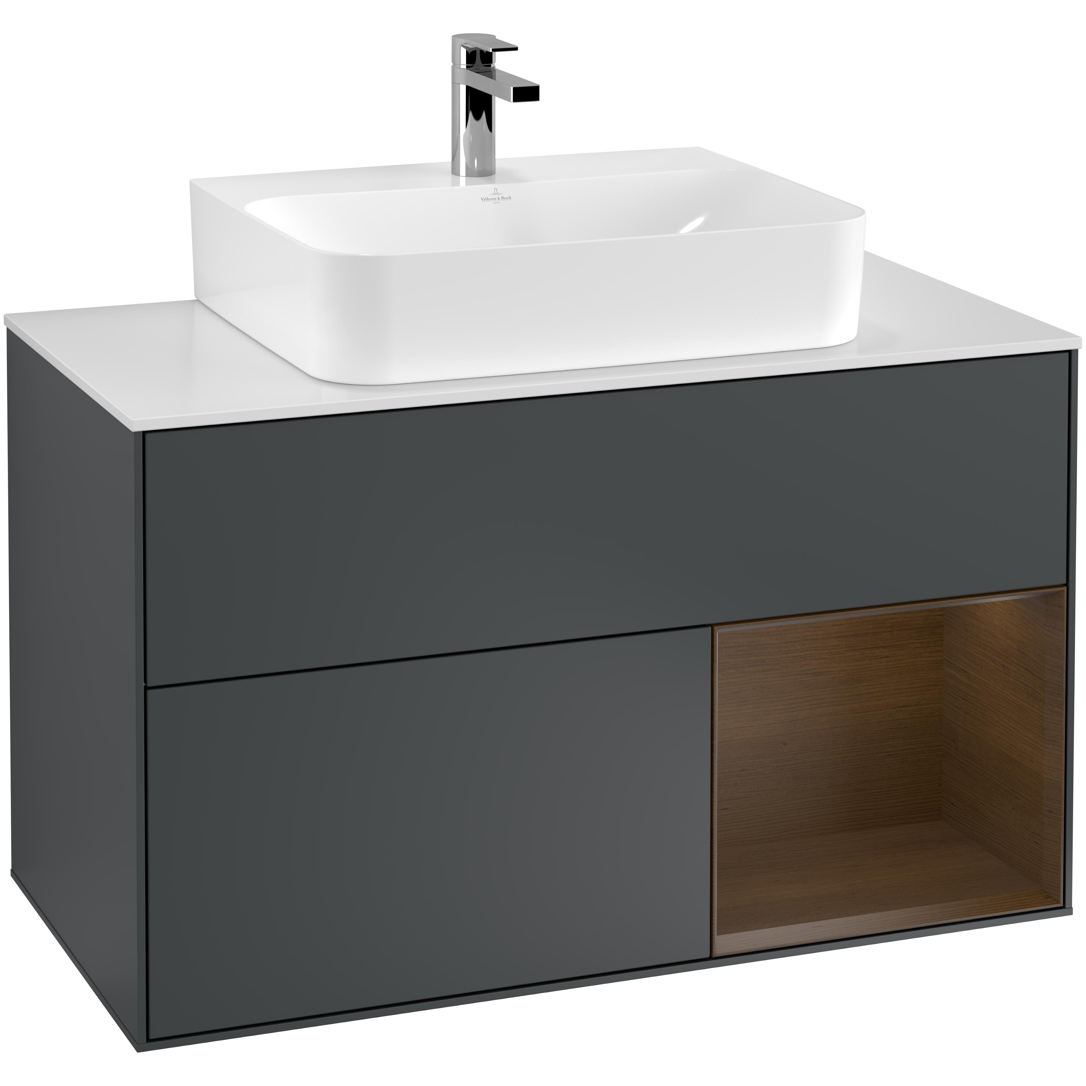 Tvättställsskåp Villeroy & Boch Finion G121GNHG Midnattsblå Mattlack/Valnötsfanér med bänkskiva i Mattvitt glas med Väggbelysning, Lucka Höger