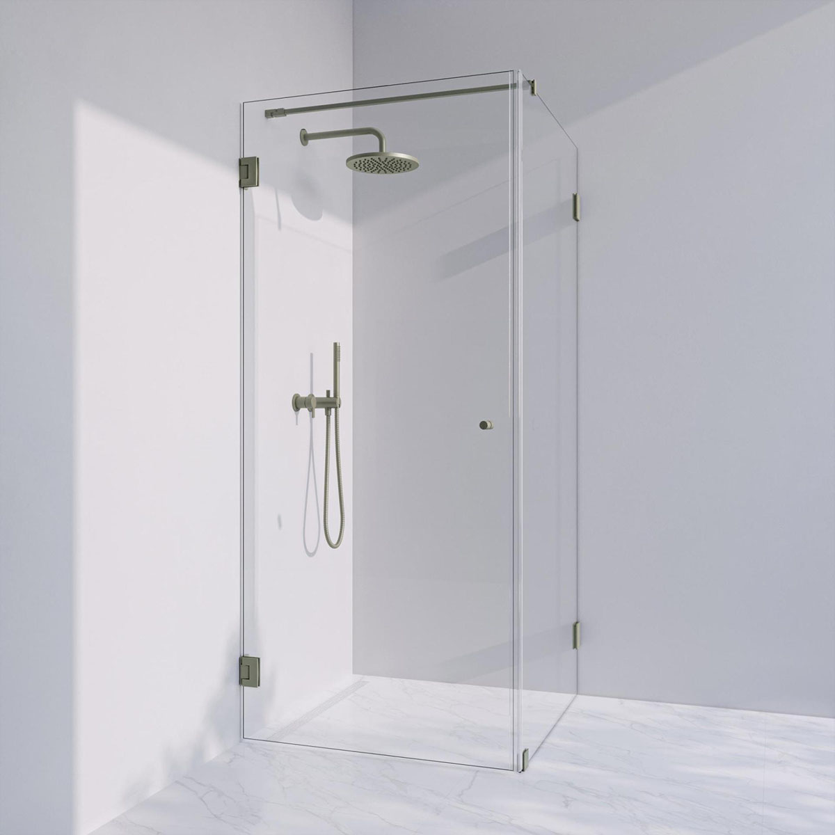 Invitrea Flair GH21/Vänsterhängd/90x90/Borstad stål/Fingergr Storlek: 900x900 mm, Glastyp: Bronstonat Glas, Profil: Borstad Stål, Handtag: Fingergreppsknopp, Hängning: Vänsterhängd