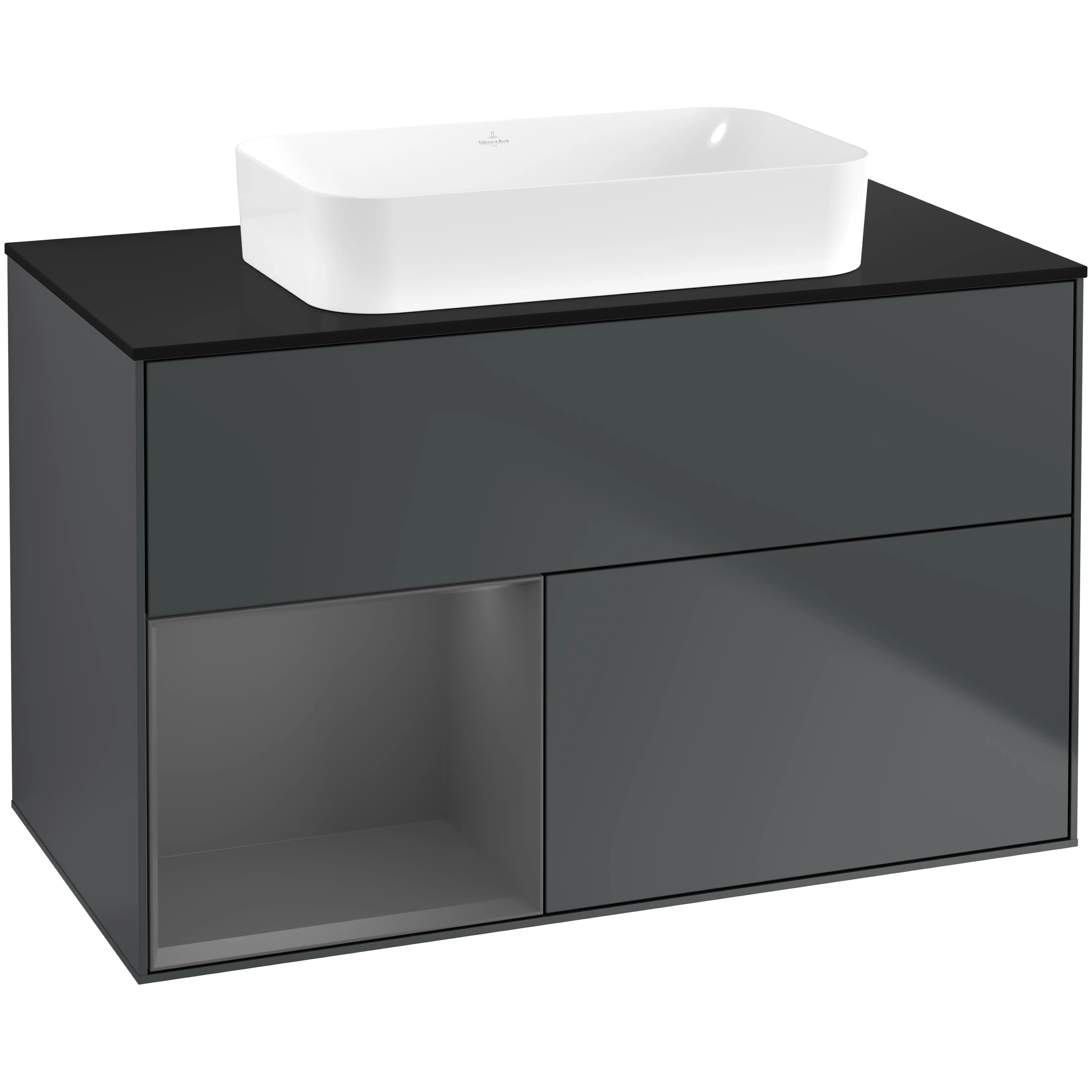 Tvättställsskåp Villeroy & Boch Finion F652GKHG Midnattsblå Mattlack/Antracitgrå Mattlack med bänkskiva i Mattsvart glas, Lucka Vänster utan Blandarhål