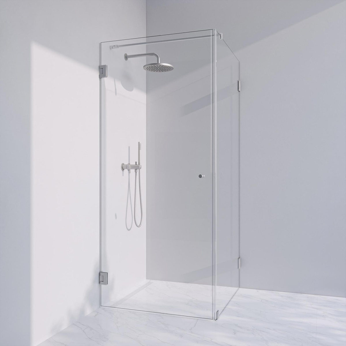 Invitrea Flair GH21/Vänsterhängd/90x90/Blank krom/Fingerhål/ Storlek: 900x900 mm, Glastyp: Frostat Glas Järnfattigt, Profil: Blank Krom, Handtag: Fingerhål, Hängning: Vänsterhängd
