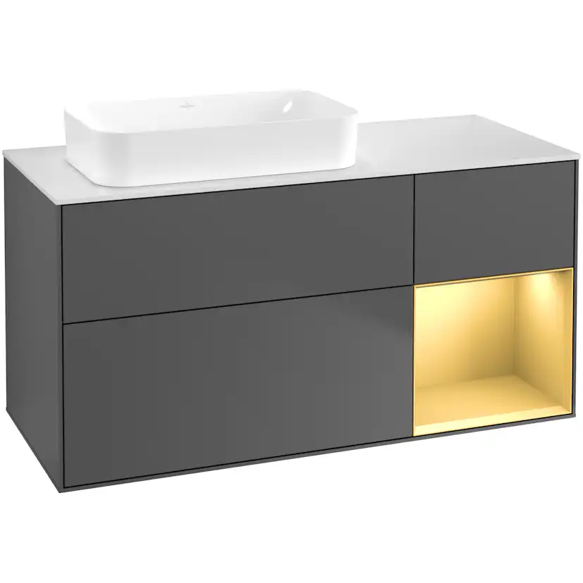 Tvättställsskåp Villeroy & Boch Finion G691HFGK Antracitgrå Mattlack/Guld Mattlack med bänkskiva i Mattvitt glas med Väggbelysning, Lucka Höger utan Blandarhål