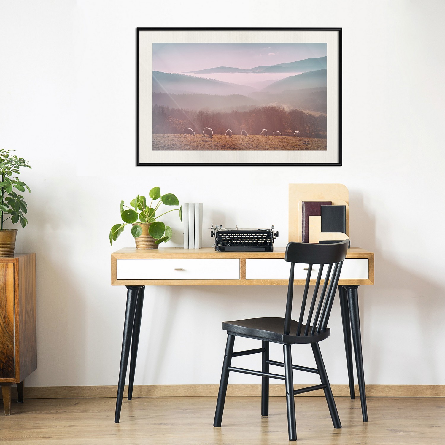 Affisch - Flock of Sheep [Poster] 60x40 Svart ram med passepartout, 60x40 cm