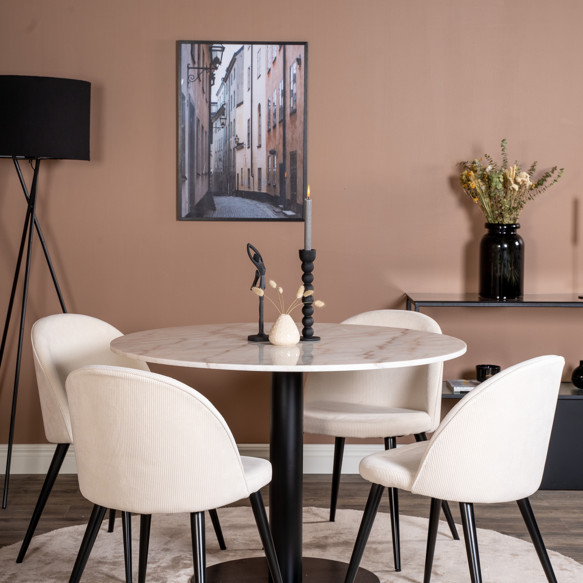 Estelle runt Matbord - Svart / Vit marmor - ø106*H75+Velvet Vit/Beige