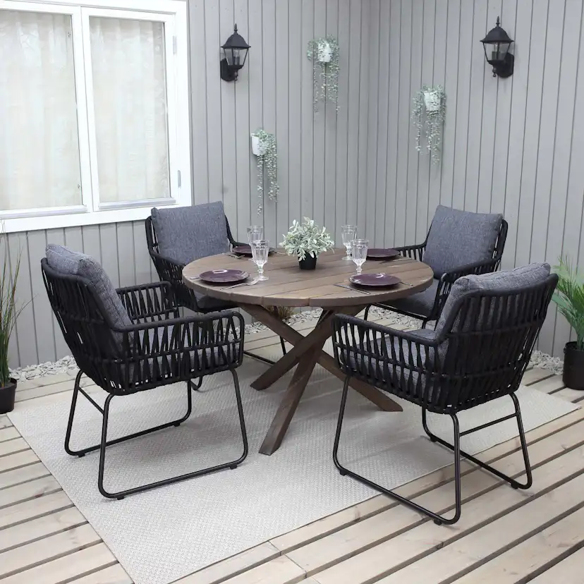 Matgrupp Utomhus Baltic Garden Ø 112 cm bord & 4 Levanto grå stolar