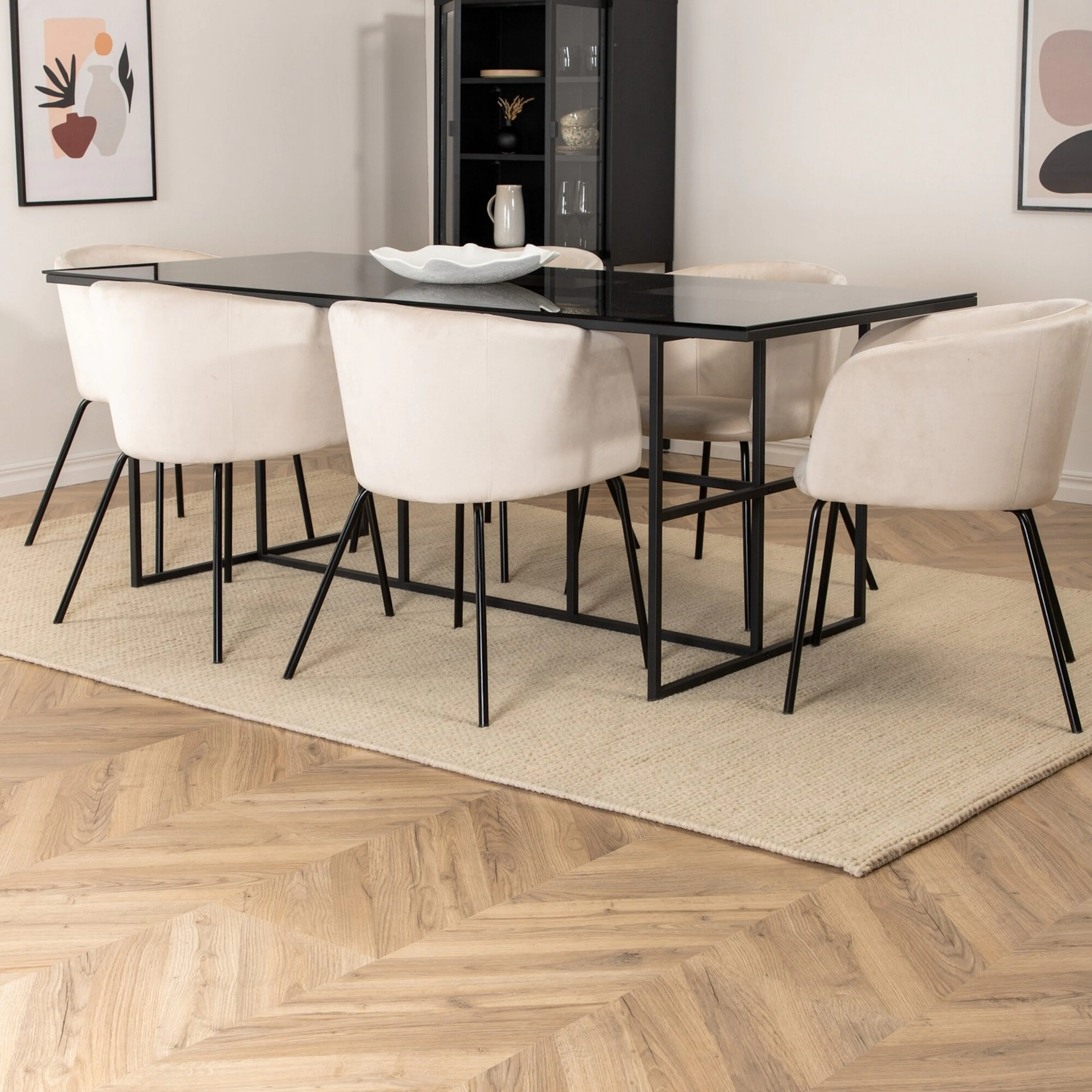 Leif Dining Table - Black / Black smoked smoked Glass+Berit Beige