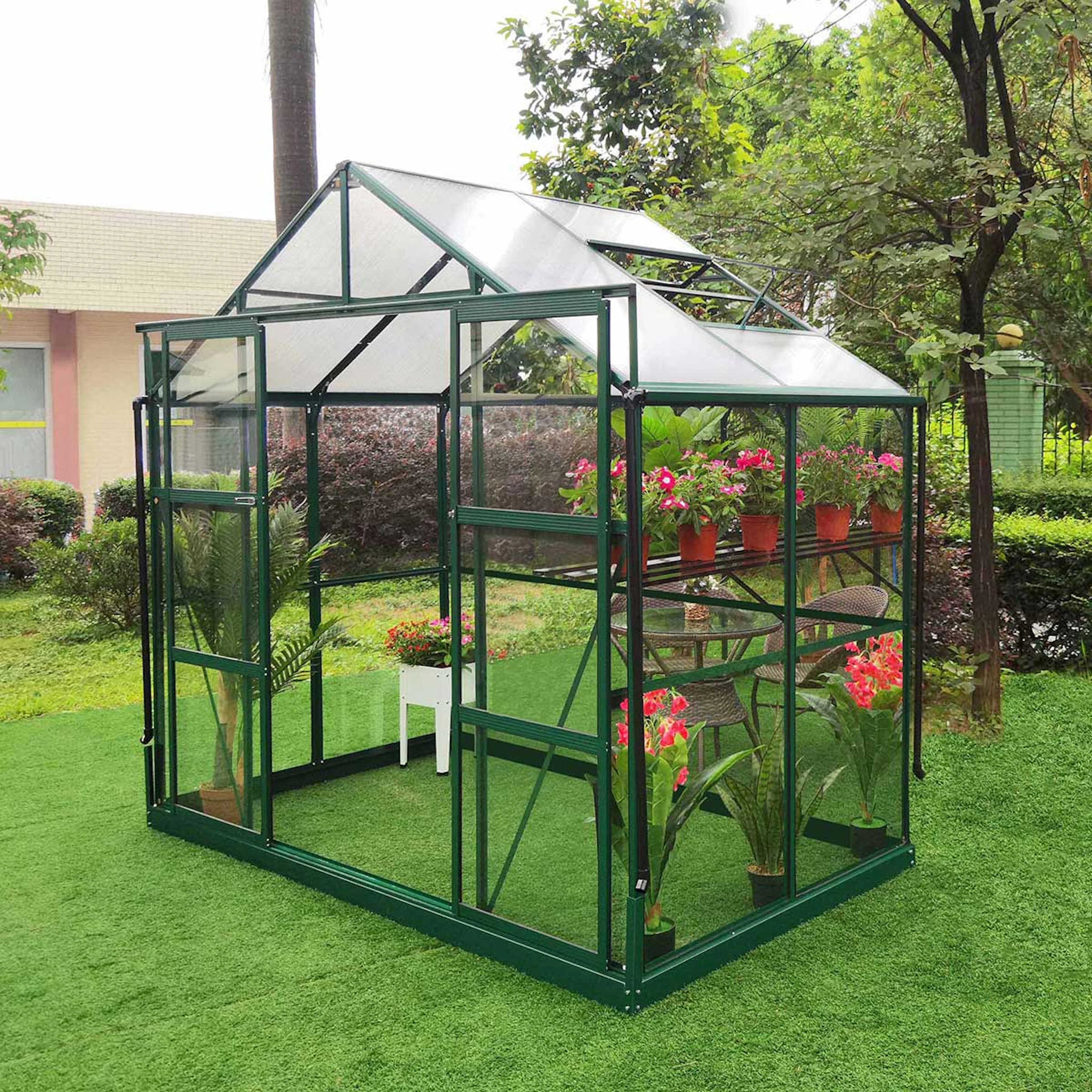 Växthus, 3,29m2, glas, pc tak (128x257x228CM),grön Grön