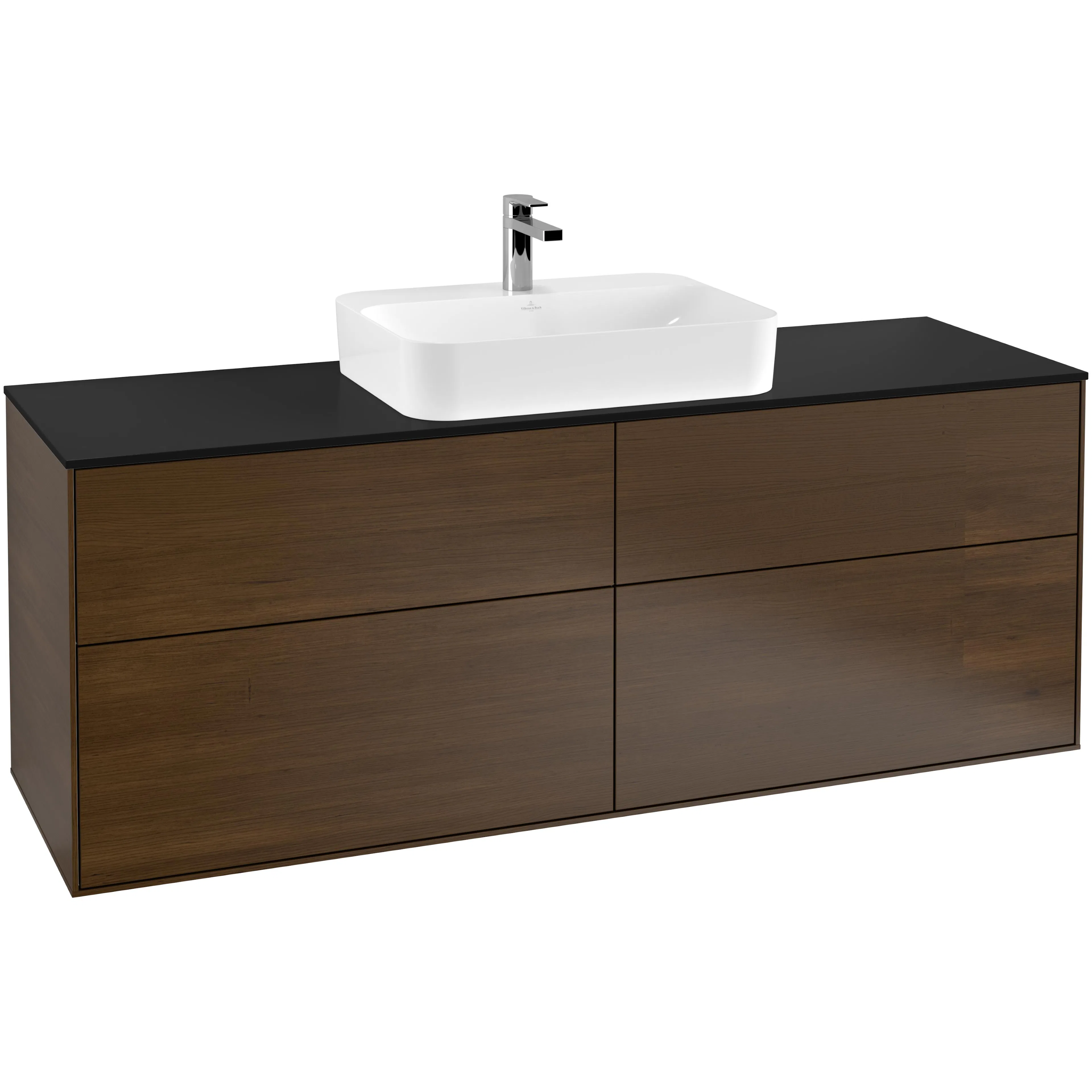 Tvättställsskåp Villeroy & Boch Finion F44200GN Valnötsfanér, B: 1600 mm med bänkskiva i Mattsvart glas
