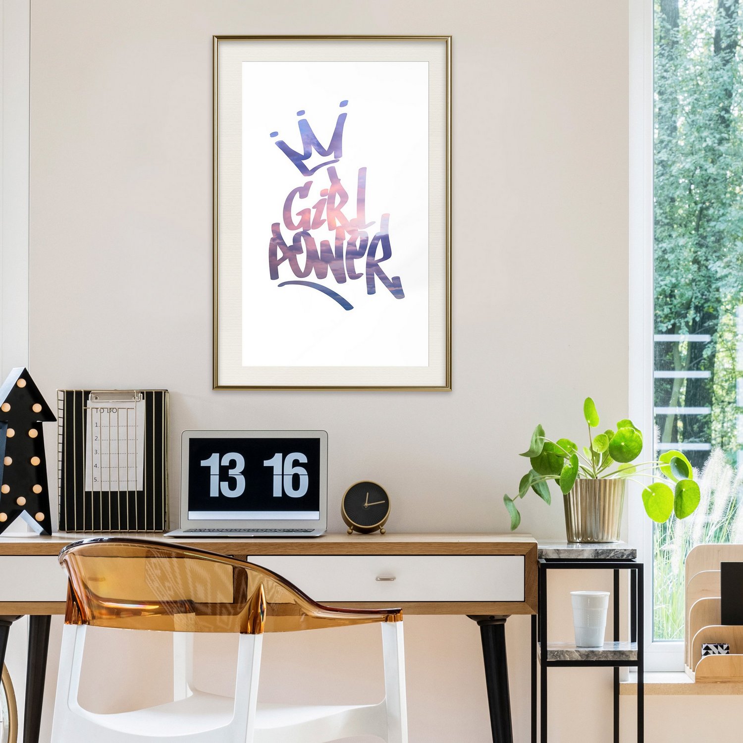 Affisch - Girl Power [Poster] 30x45 Guld ram med passepartout, 30x45 cm