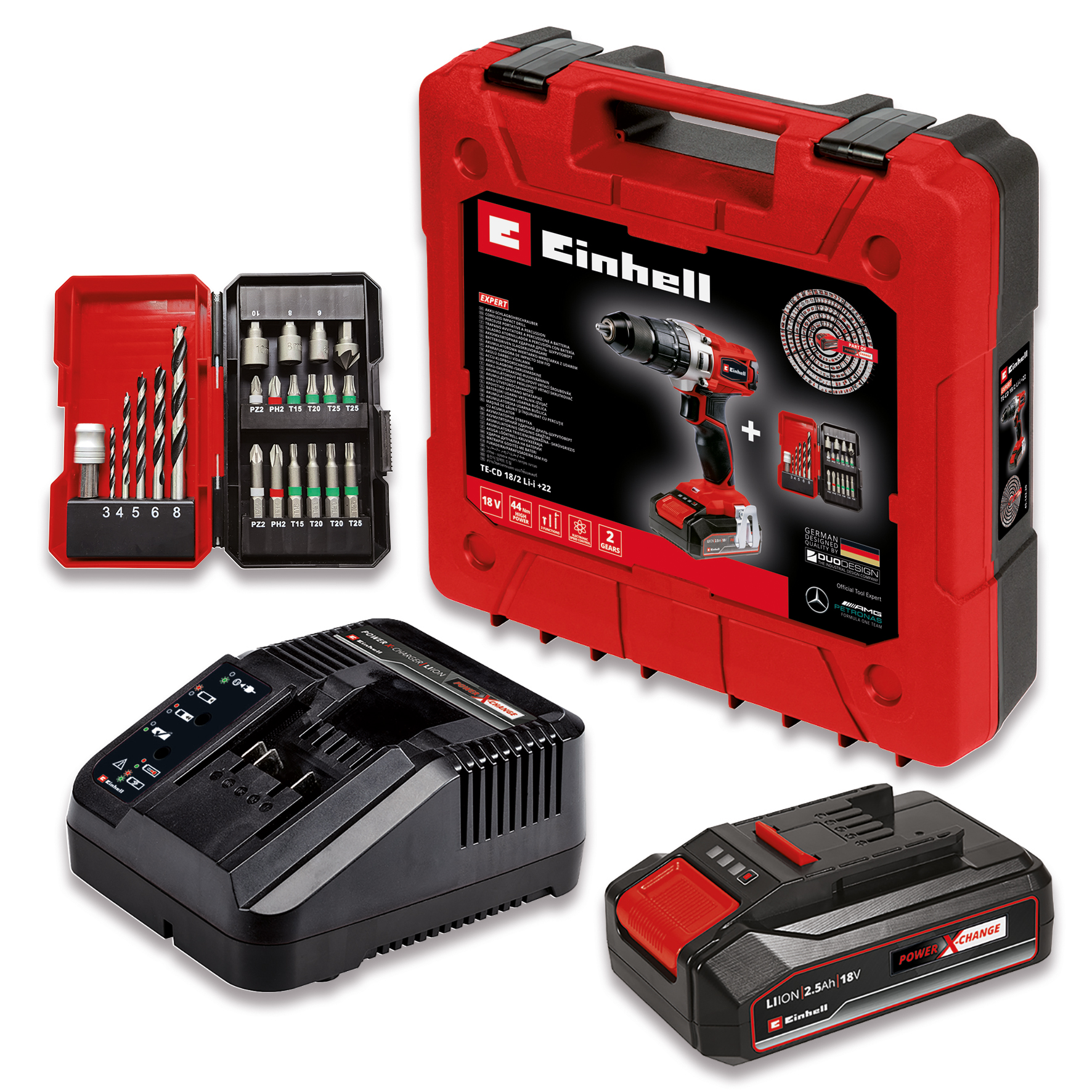 Slagborrmaskinskit Einhell TE-CD 18/2 Li-i med 1x2,5 Ah Batteri och 22 delars  Bit- och Borrset