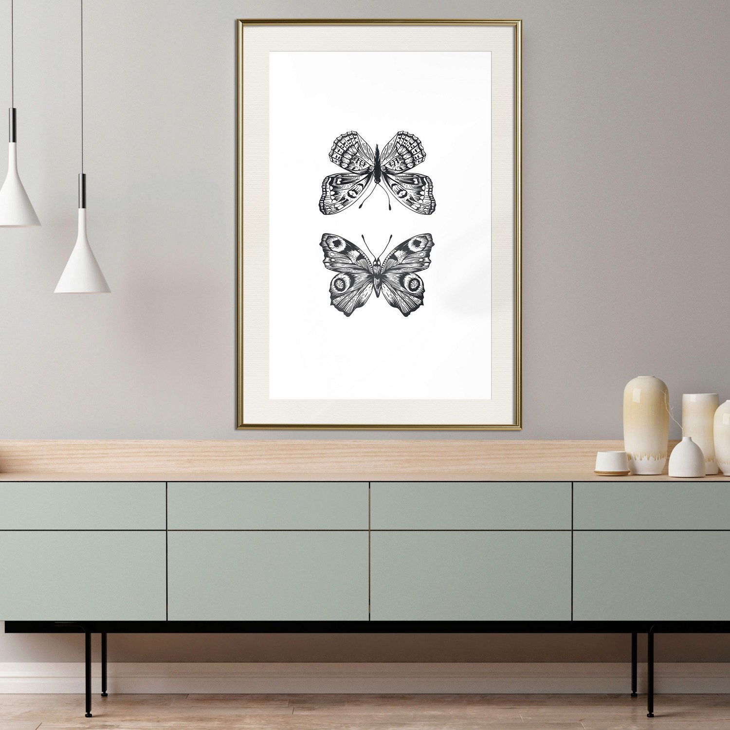 Affisch - Two Butterflies [Poster] 30x45 Guld ram med passepartout, 30x45 cm