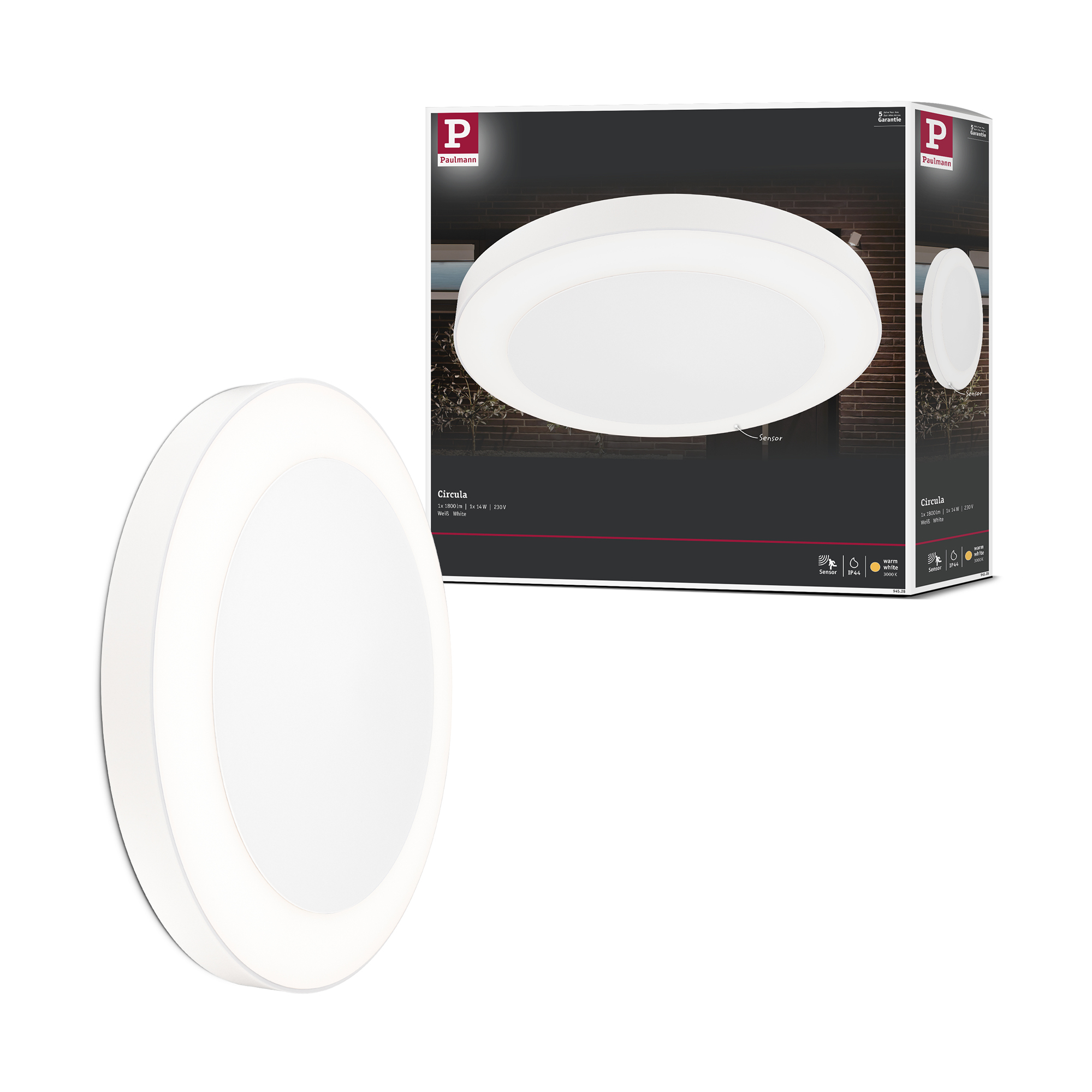 Taklampa LED Paulmann Circula med Skymningsstyrd rörelsedetektor Seawater Resistant IP44 230V Färg: Vit