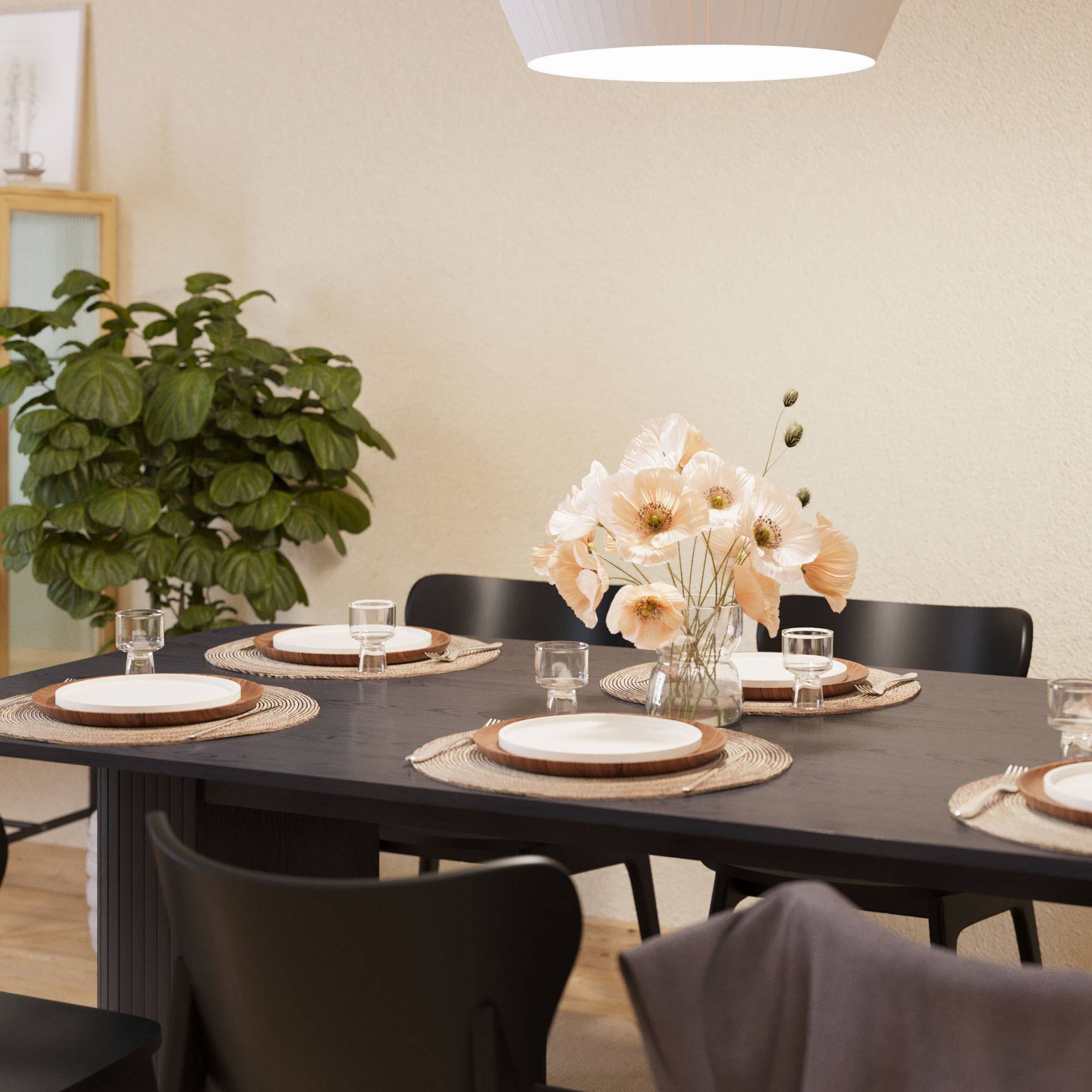 Matgrupp Bark Kopparbo Rektangulärt Matbord 200 cm med 6Jerup Matstol Bark Svart