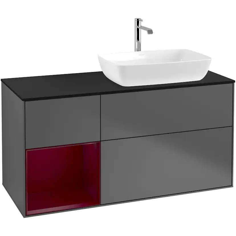 Tvättställsskåp Villeroy & Boch Finion F802HBGK Antracitgrå Mattlack/Pion Mattlack med bänkskiva i Mattsvart glas, Lucka Vänster Med Blandarhål utan Väggbelysning
