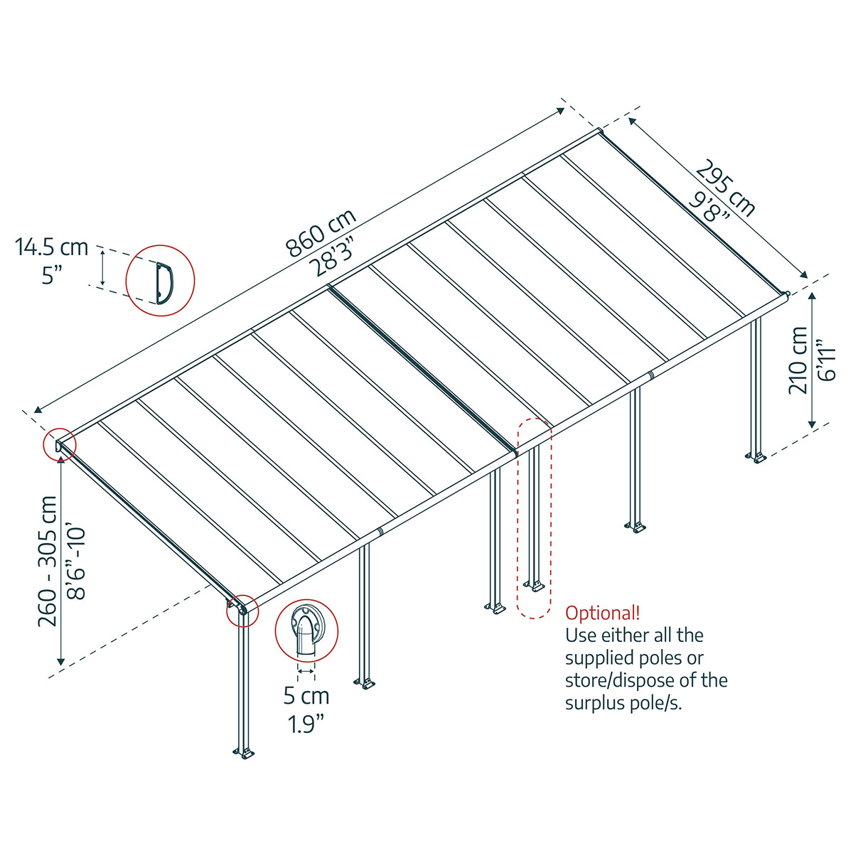 OLYMPIA PATIO COVER 3X8.51 GREY CLEAR 3 x 8,5